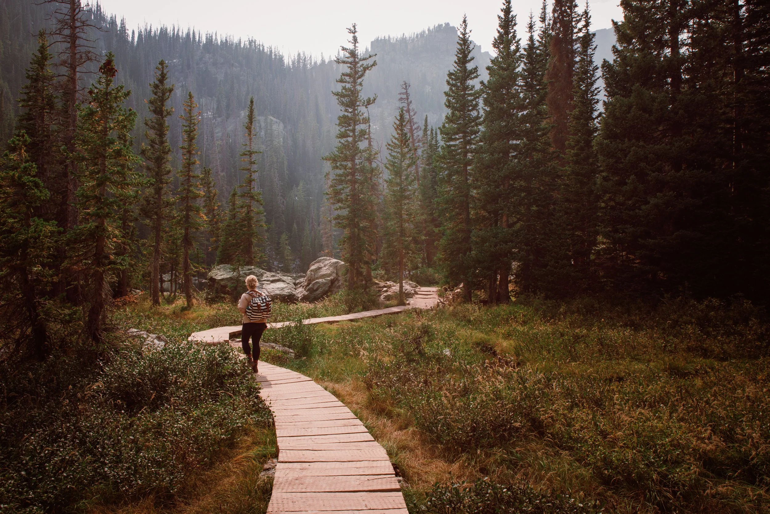 A wooden boardwalk trail winding through the forest on the way to Emerald Lake, Rocky Mountain National Park, Colorado, by Ryan L. Smith