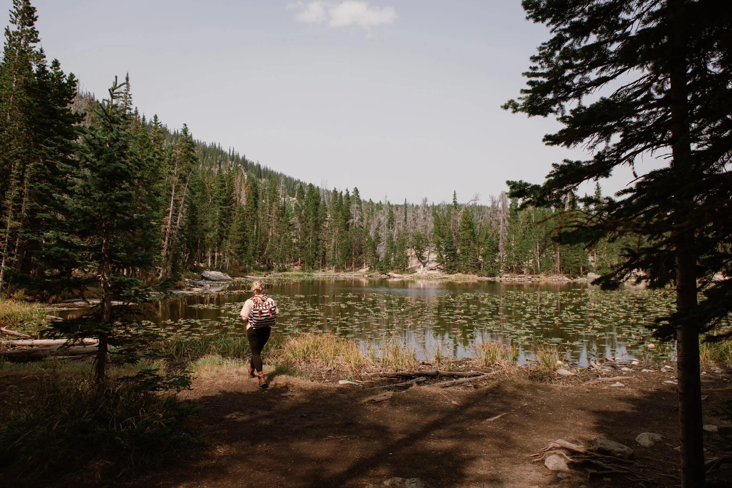 A hiker walking along the lily pad covered shoreline of Nymph Lake, Rocky Mountain National Park, Colorado, by Ryan L. Smith