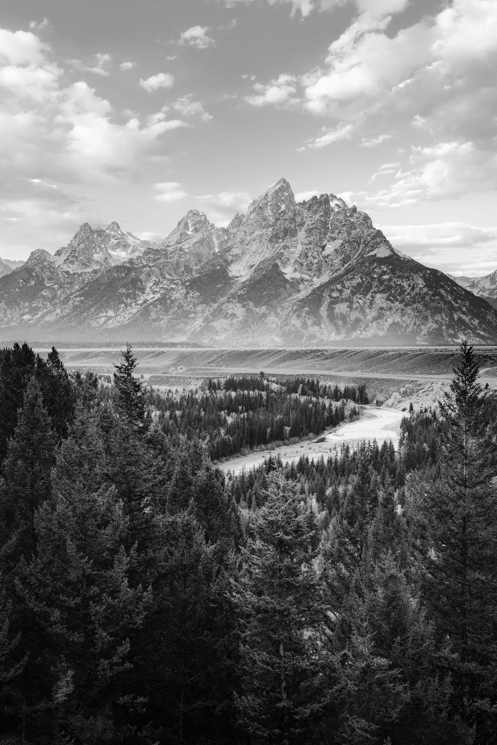 Black and white photograph of the Teton Range above the winding Snake River from the Snake River Overlook, Grand Teton National Park, Wyoming, by Ryan L. Smith