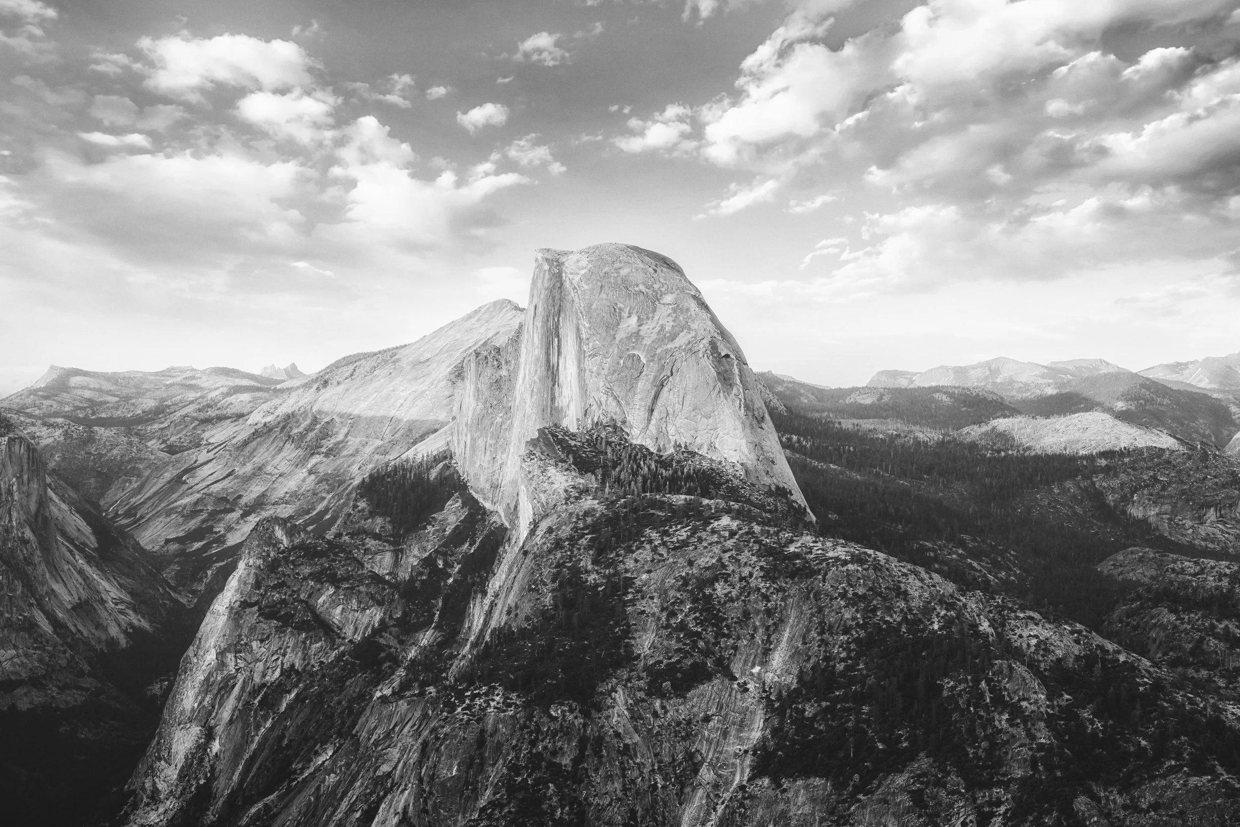 Black and white photograph of Half Dome at sunset, Yosemite National Park, California, by Ryan L. Smith