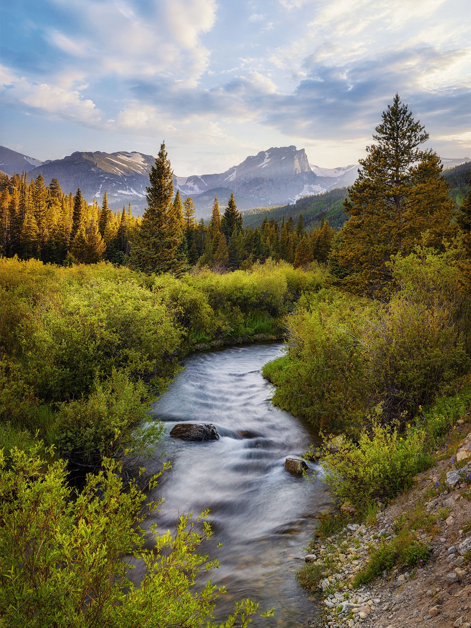 A creek forming a leading line toward Hallett Peak near the Storm Pass Trailhead, Rocky Mountain National Park, Colorado, by Ryan L. Smith