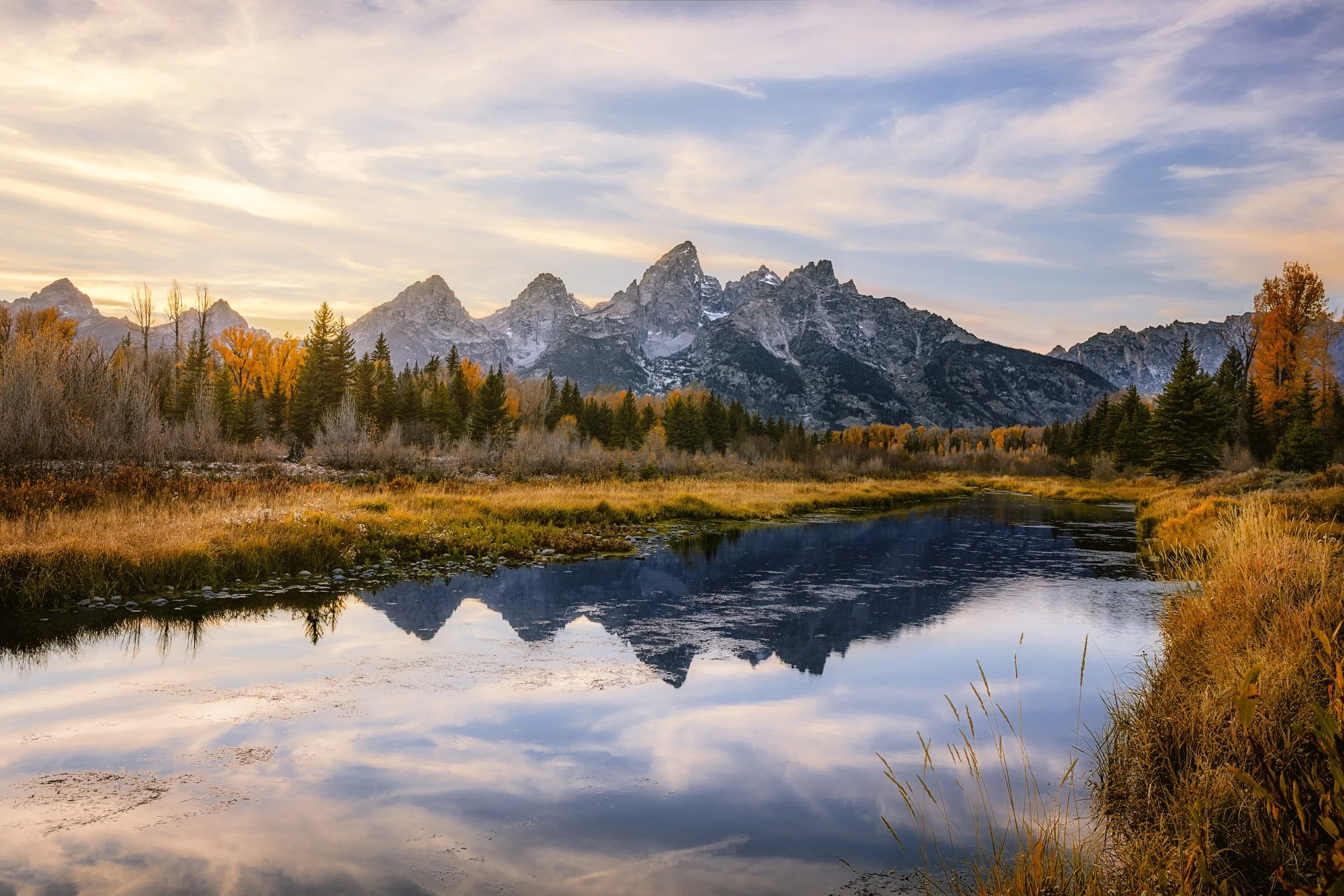 The Teton Range from Schwabacher Landing
with calm water at sunset, Grand Teton National Park, Wyoming, by Ryan L. Smith