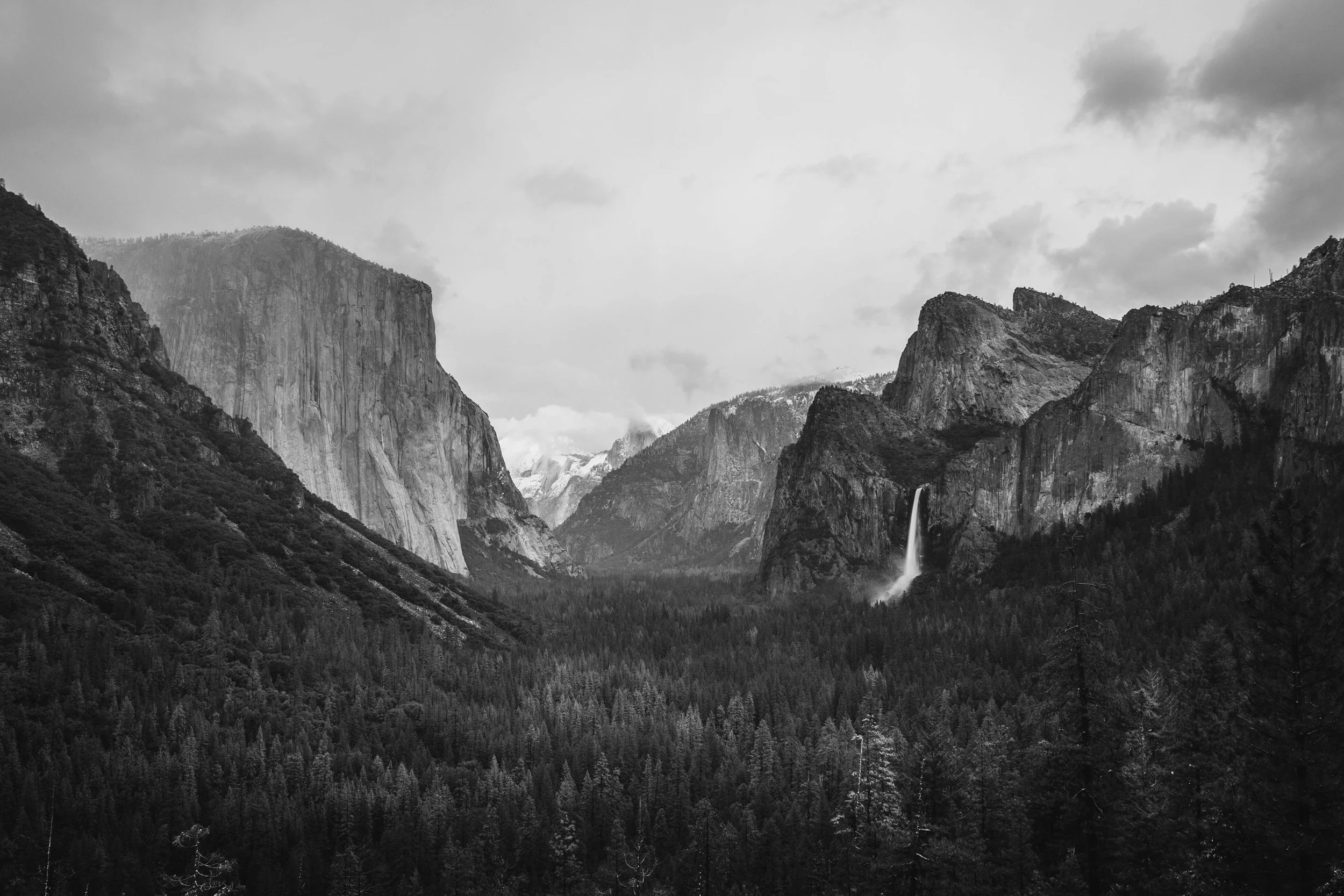 Black and white photograph of the classic Tunnel View of Yosemite Valley, Yosemite National Park, California, by Ryan L. Smith
