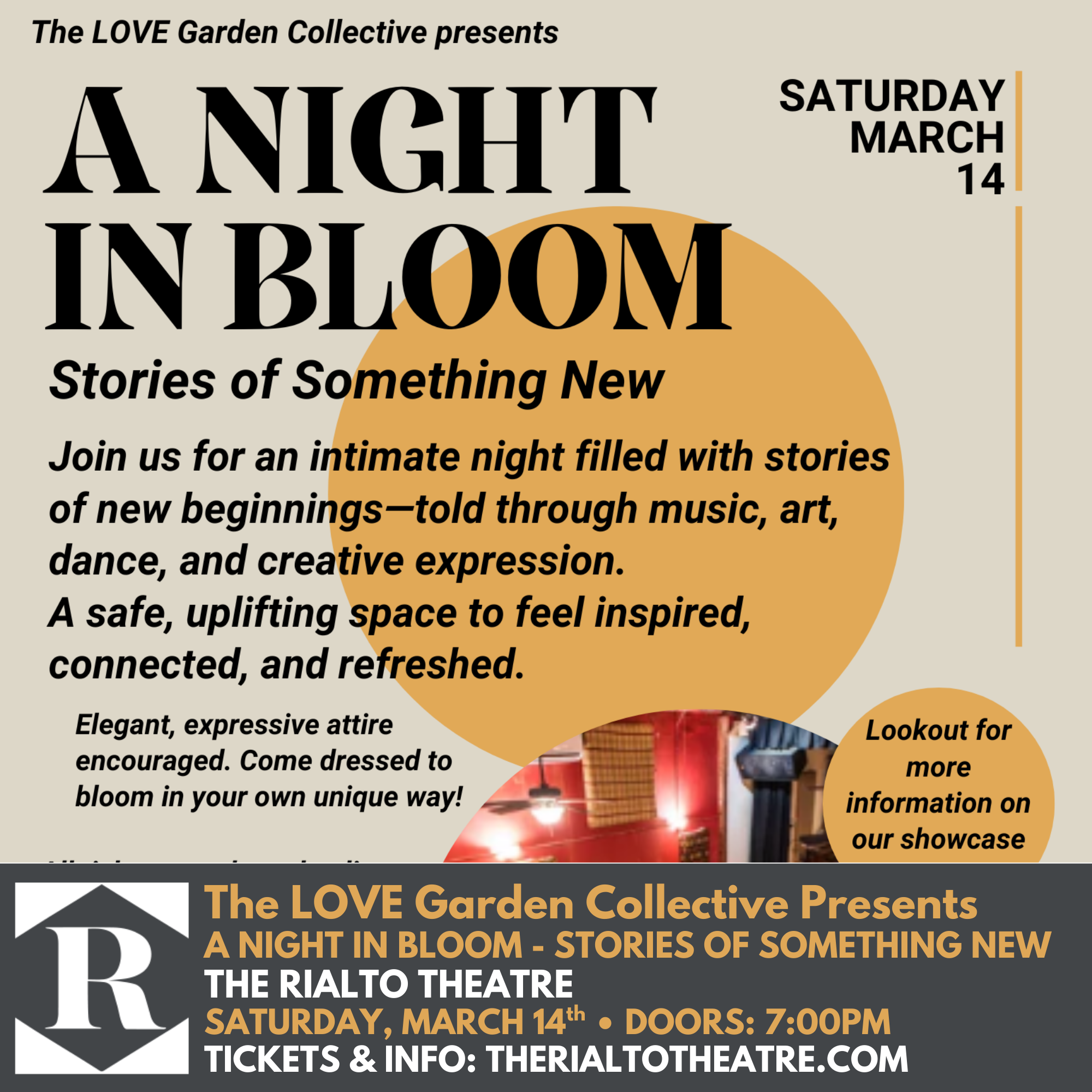 THE LOVE GARDEN COLLECTIVE PRESENTS A NIGHT IN BLOOM -- STORIES OF SOMETHING NEW - 03/14/2026