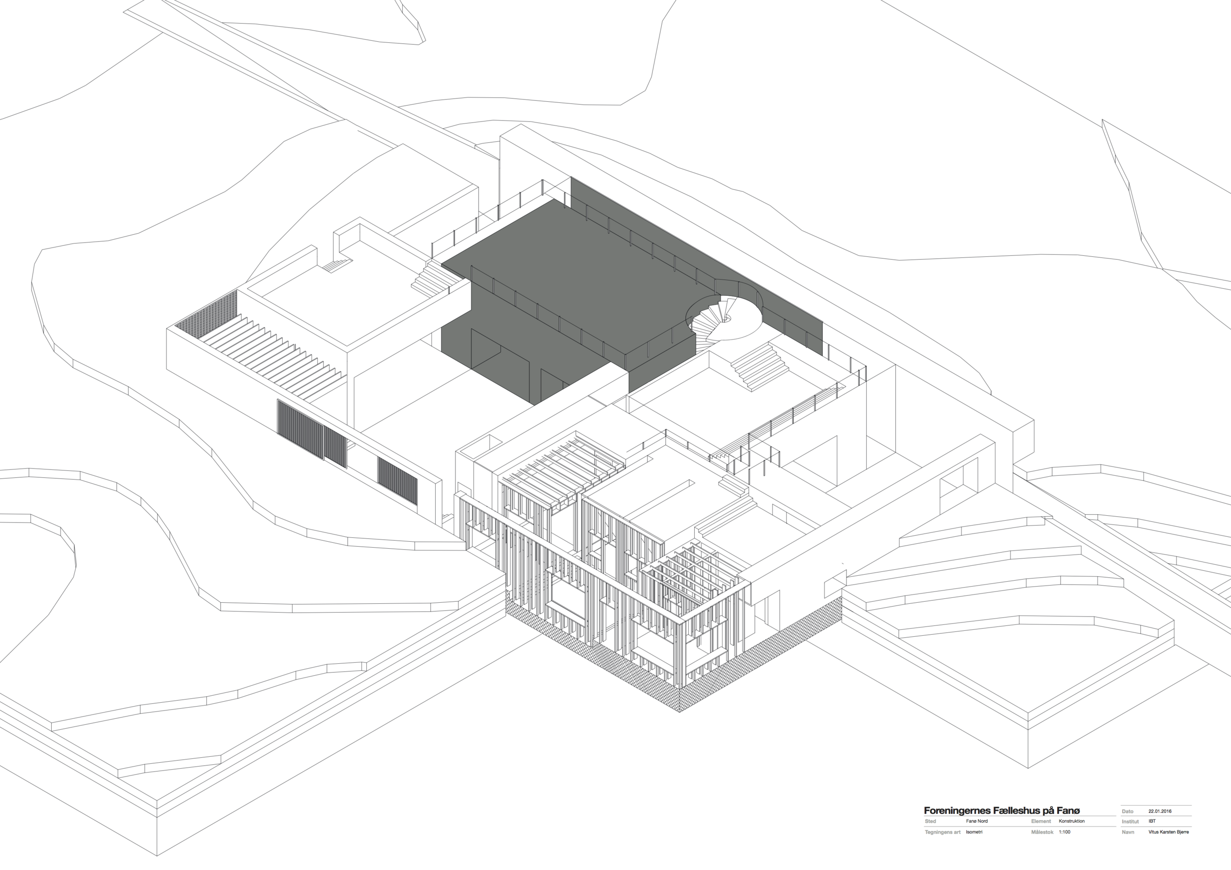 Isometric drawing which also shows the construction of the building.