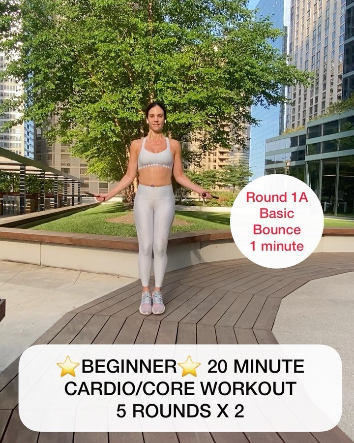 ⭐️BEGINNER/ALL-LEVEL 20 MINUTE CARDIO/CORE JUMP ROPE WORKOUT⭐️This is THE perfect workout to kick off your wknd! It is quick &amp; efficient and you will use every muscle in your body with focus on cardio &amp; core! 5 Rounds. 2 mins each. Each Round
