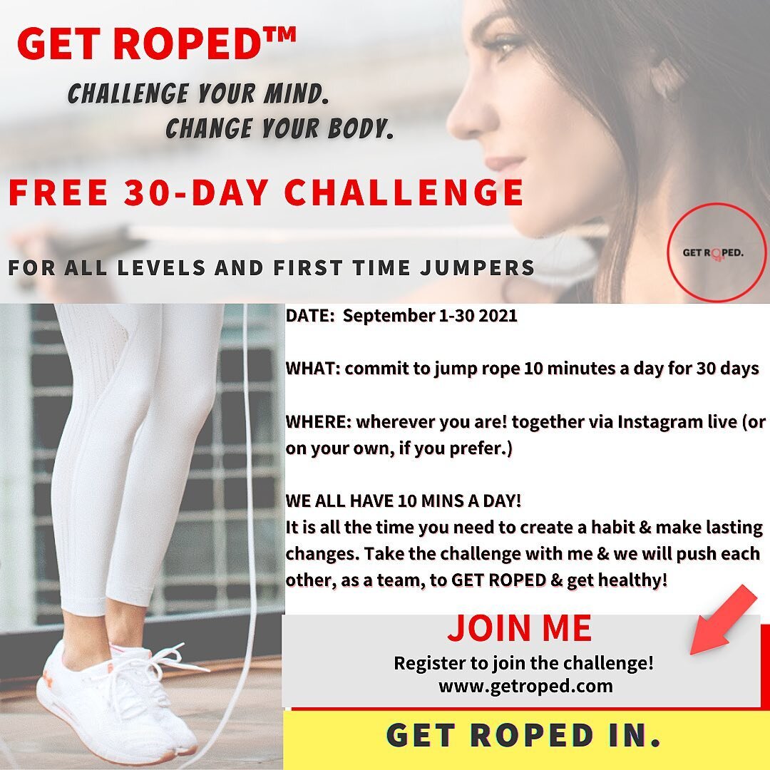 DID YOU KNOW that jumping rope for 10 minutes is equivalent, in calorie burn, to running on a treadmill at 7.5 mph for 30 mins??!! Not only is jumping rope SO EFFICIENT &amp; EFFECTIVE, but it&rsquo;s also SO FUN!! So i am challenging ALL OF YOU to j