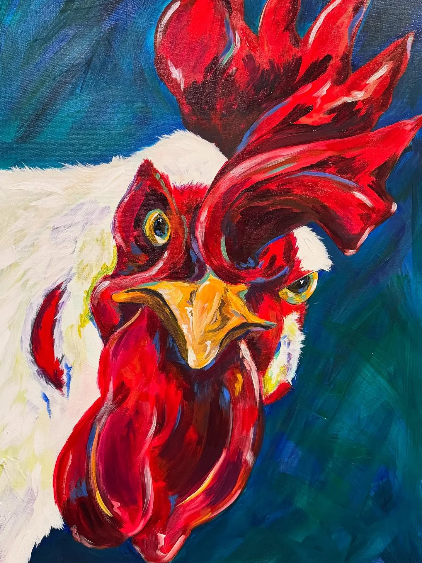 “Stink Eye” 24”x 20”. #roosters #rooster #chickenpainting #artwork #paintings #paint #artist #kitchenchicken #paintingsofinstagram