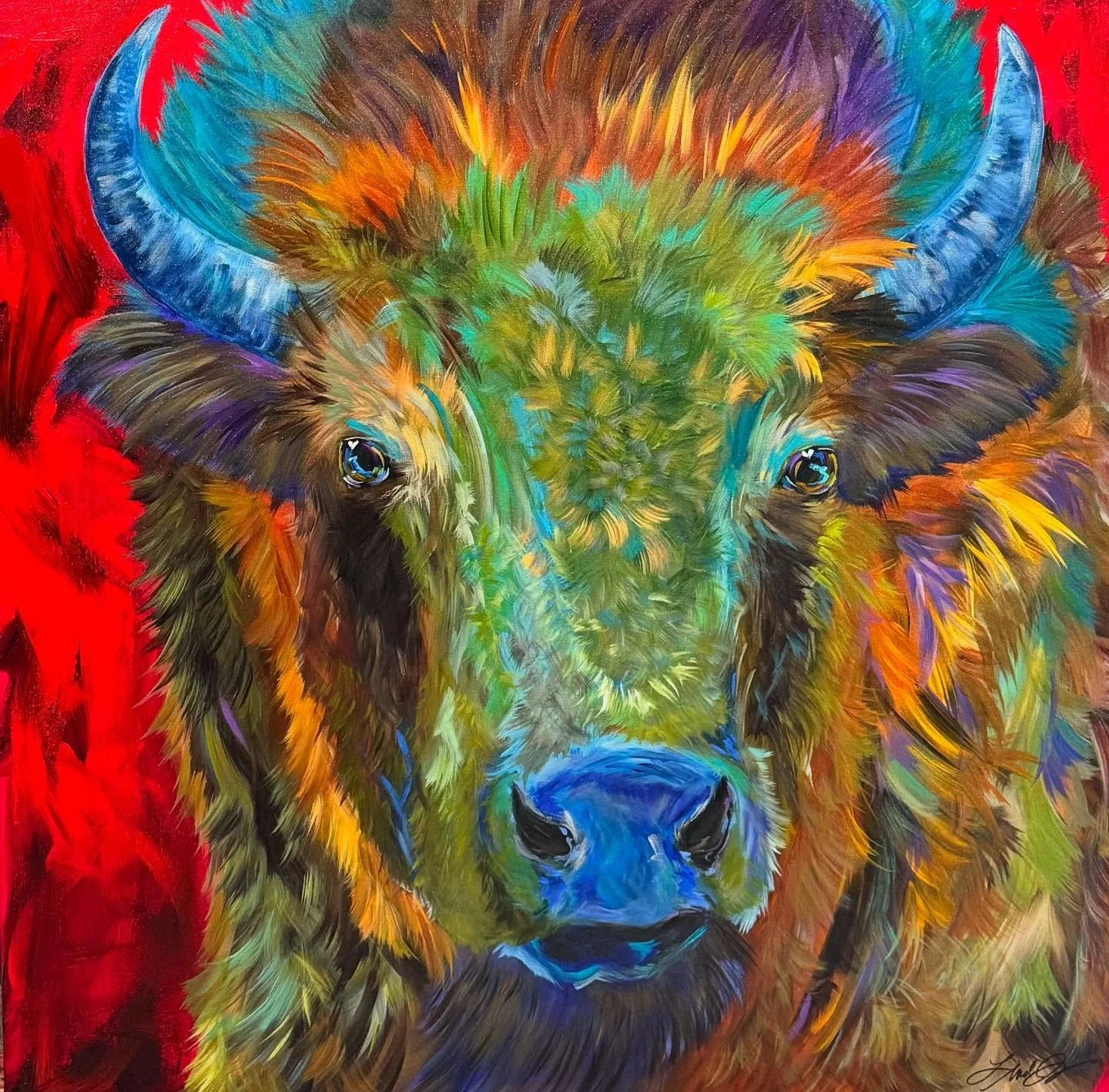 “Strength of Love” 40”x 40” . Showing @smithklein #Boulder #artwork #bison #bisonpainting #buffalo #buffaloartist #soulfulart #wildlifepainting #colorado #loveofcolor #paintfromyoursoul #openhearts #lindaisrael #westernart #ar