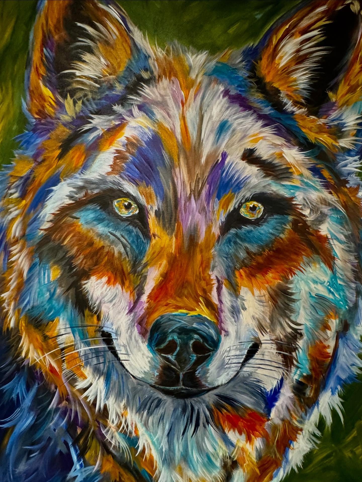 &ldquo;Alpha Awareness&rdquo; 48&rdquo; x 36&rdquo; 
#wolves #wolfpainting #wildlifeartist #wildlifeart #wolfart #coloradowolves #artfromyoursoul #loveofcolor #paintings #paintfromlife #jackson #aspen #colorful #colorado #lindaisrael