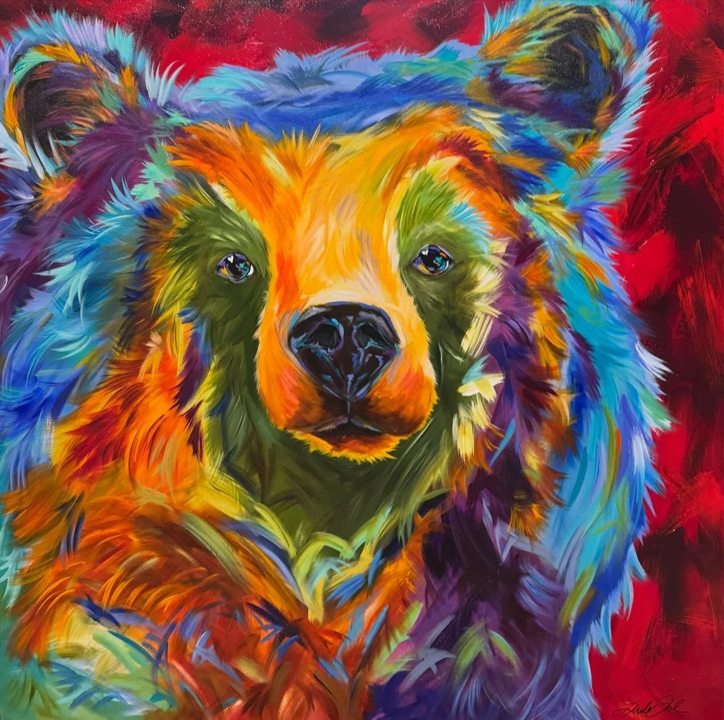 &ldquo;Living with Kindness&rdquo; 48&rdquo; x 48&rdquo; . Showing at Smith Klein Gallery Boulder, CO. @lindaisrael #
#bearpainting #bear #wildwildwest #wildlifeartist wildlifeart