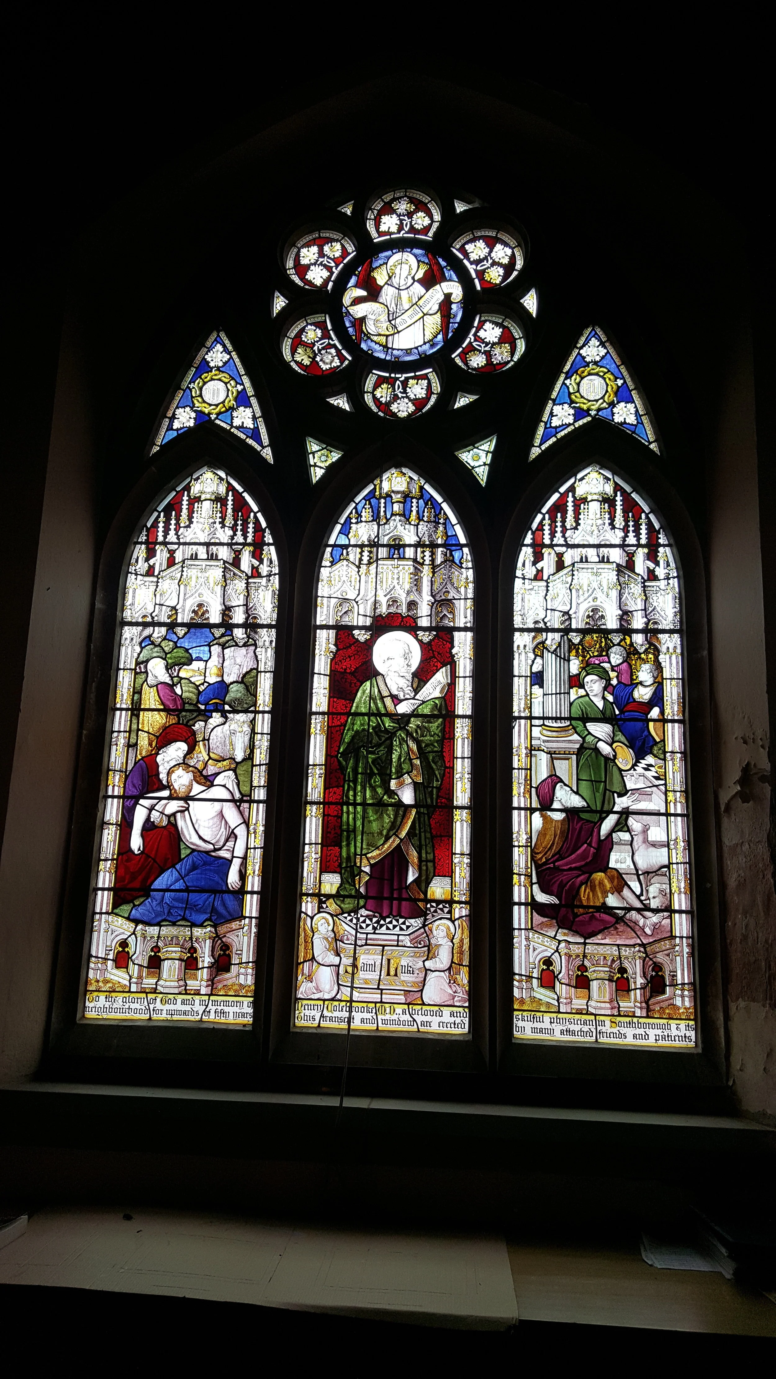 The window in the Colebrooke chapel, with the walls around in need of repair and redecoration
