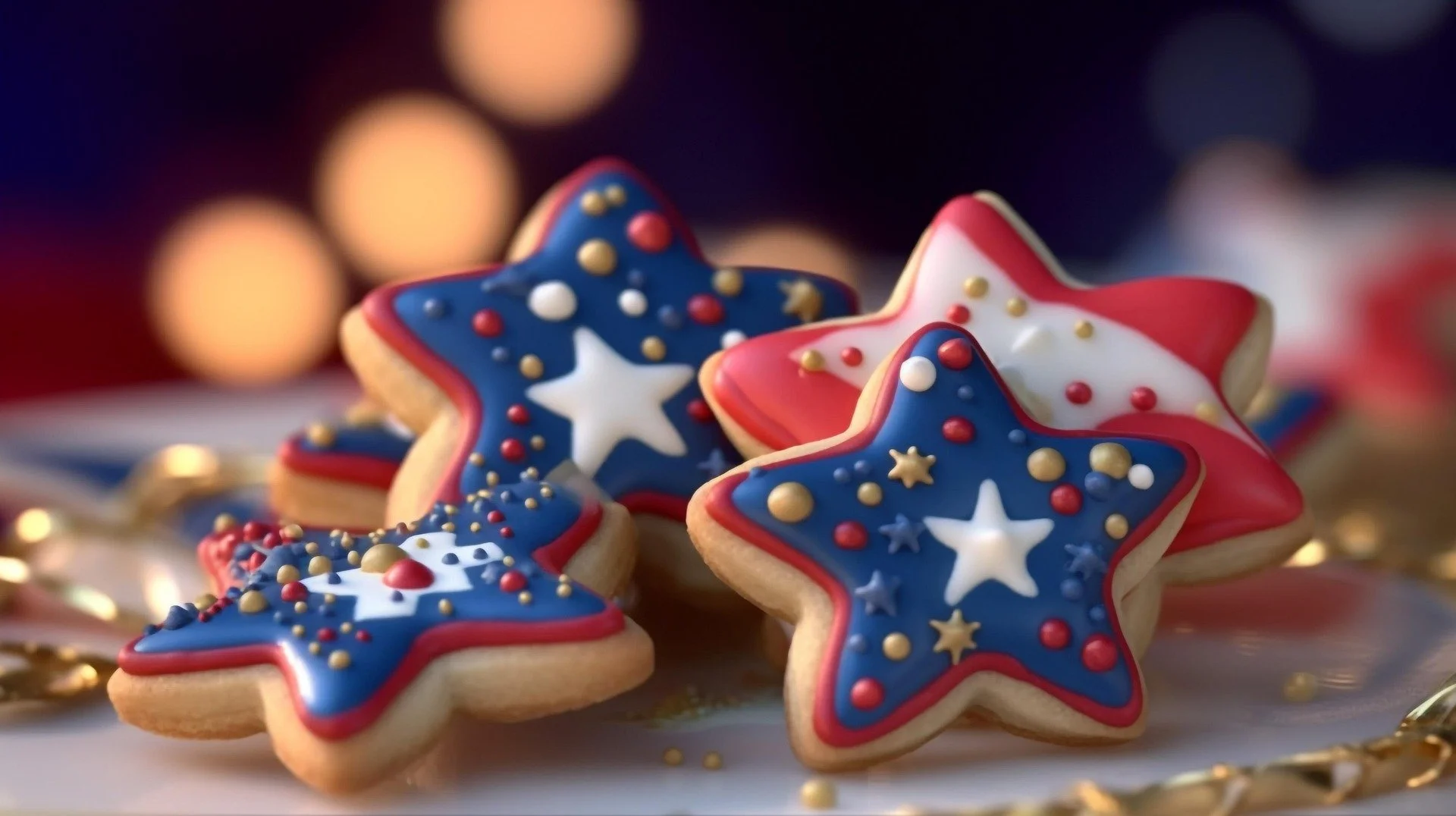 star shaped sugar cookies with red, white, and blue icing