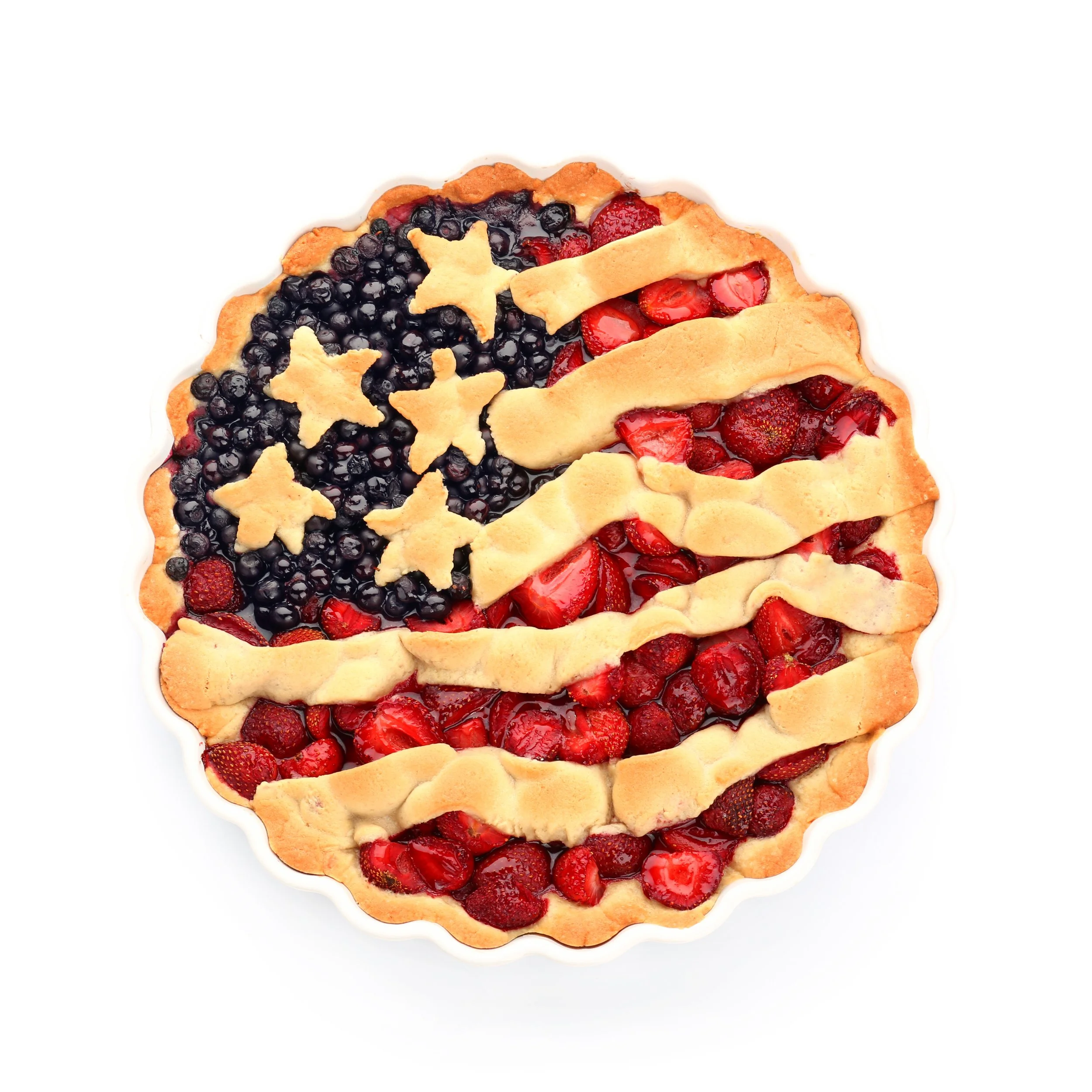 blueberry and strawberry pie with a top crust cut to look like the American flag