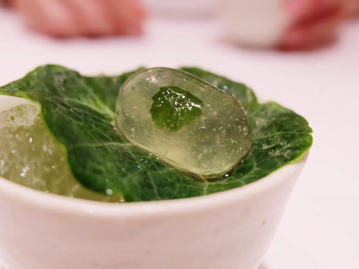 The experience starts off with a dewdrop filled with aloe vera, grape juice and sansho flower (a japanese pepper berry). The spherification of a welcome drink, if you will.