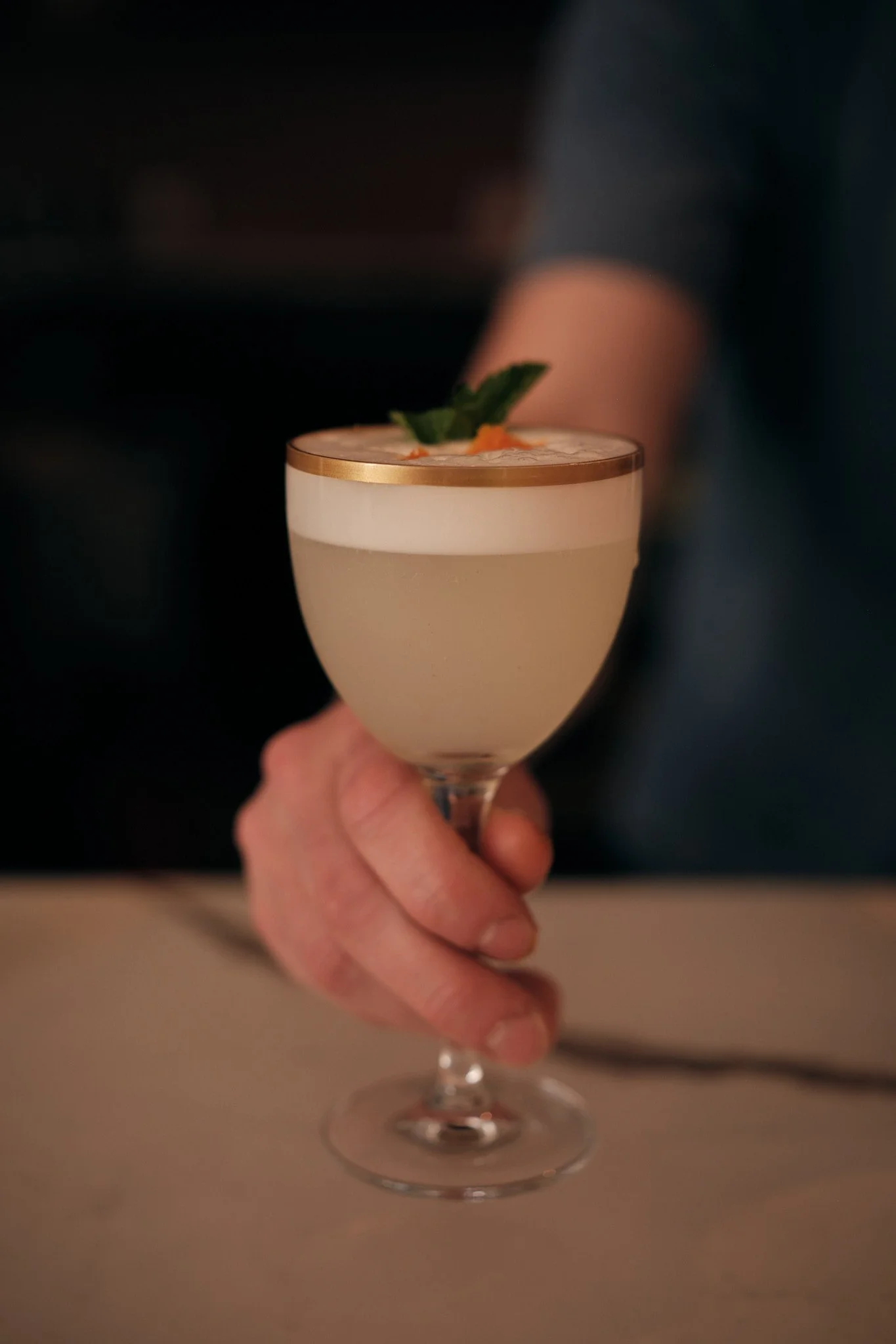 Close-up of a cocktail in a stemmed glass with a garnish of mint and orange peel, held by a hand against a blurred dark background.