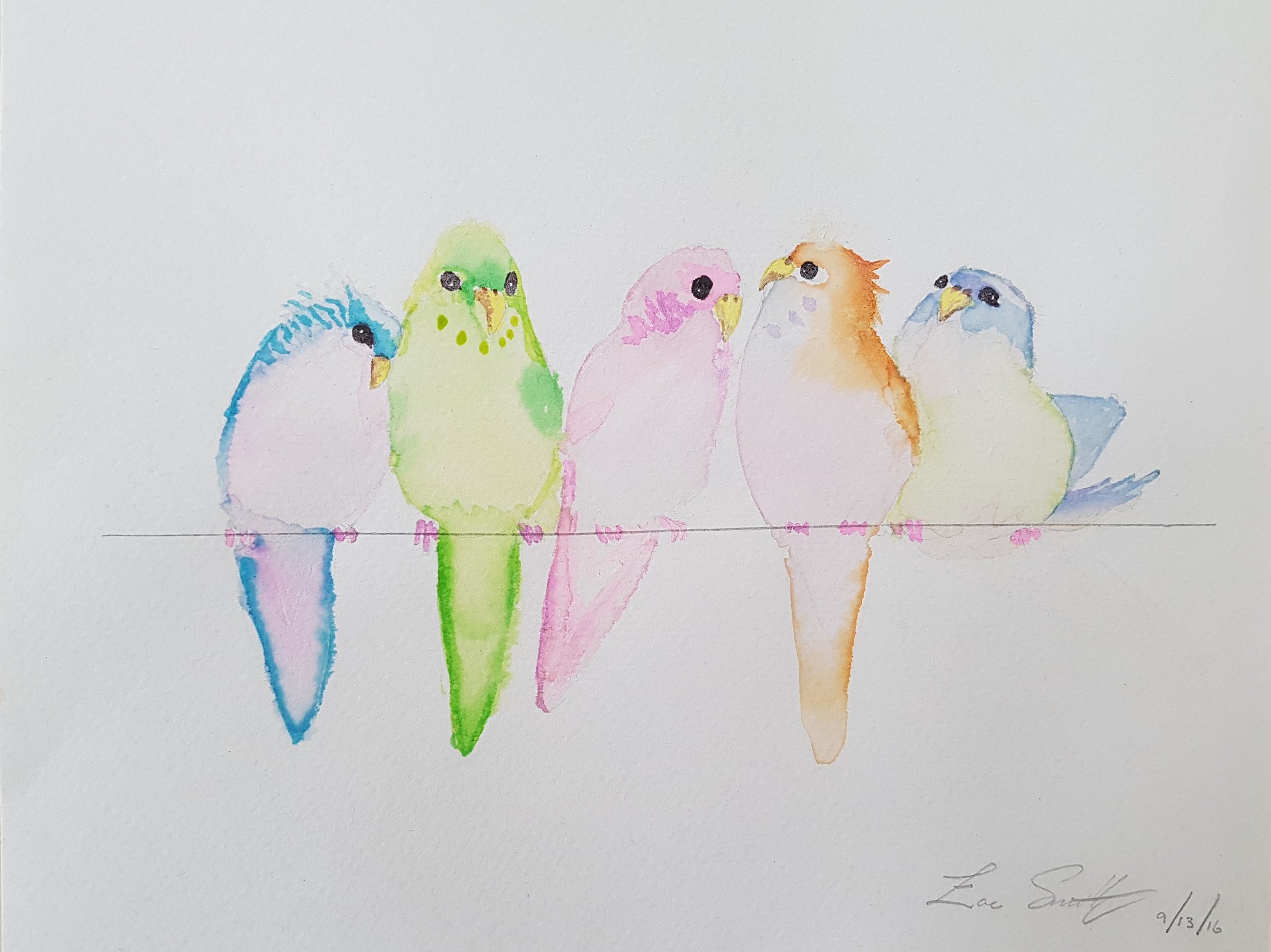 "Mr. Blue" 8x8 Growing up my grandmother used to raise parakeets. I still remember "Mr. Blue" was the only one that would let me pet him, and since then I've always loved small, colorful birds. As she's nearing the end of her life, I've been thinking about her more and more lately. Even though this was one of the first paintings I ever did, it still means a lot to me.