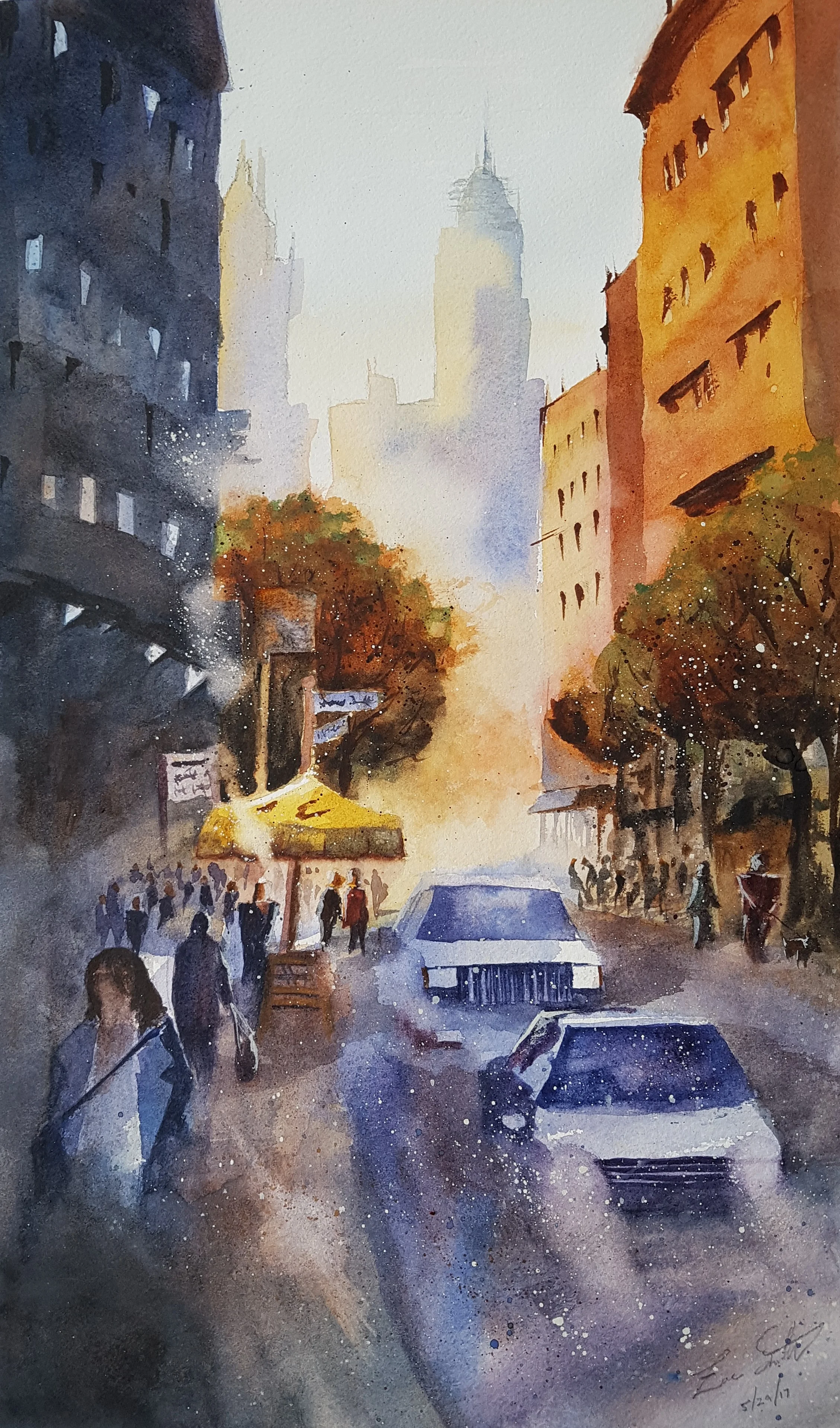 "NYC Morning" 20x16 I painted this along with a watercolor demo by an artist named Iain Stewart. I noticed that he mainly painted with just three colors - blue, orange, and yellow - and I tried to keep to the spirit of the limited palate throughout the painting. You can see more of Iain's art on his Youtube channel , as well as his website .