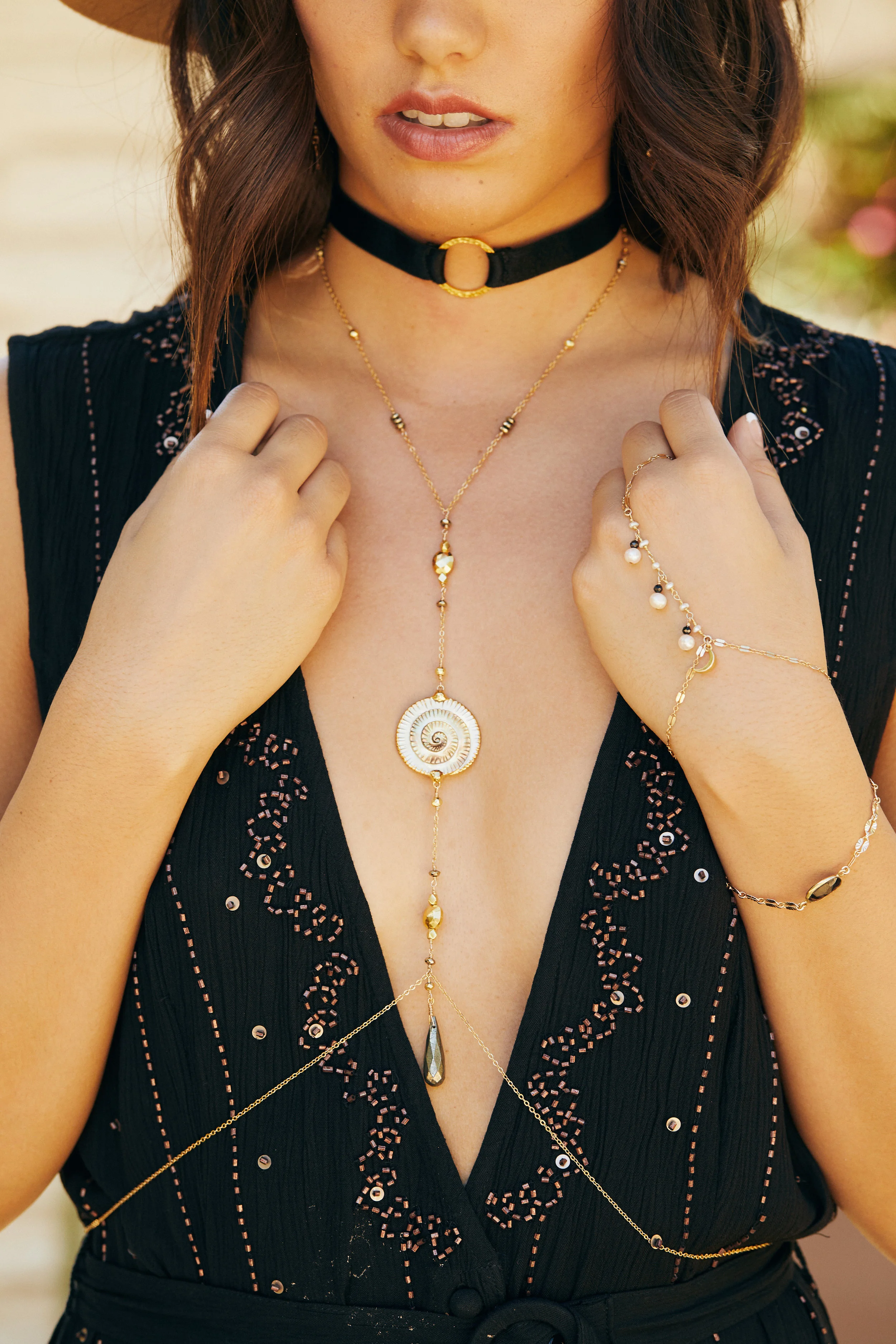 Mother of Pearl &amp; Gold Pyrite Body Necklace/Chain