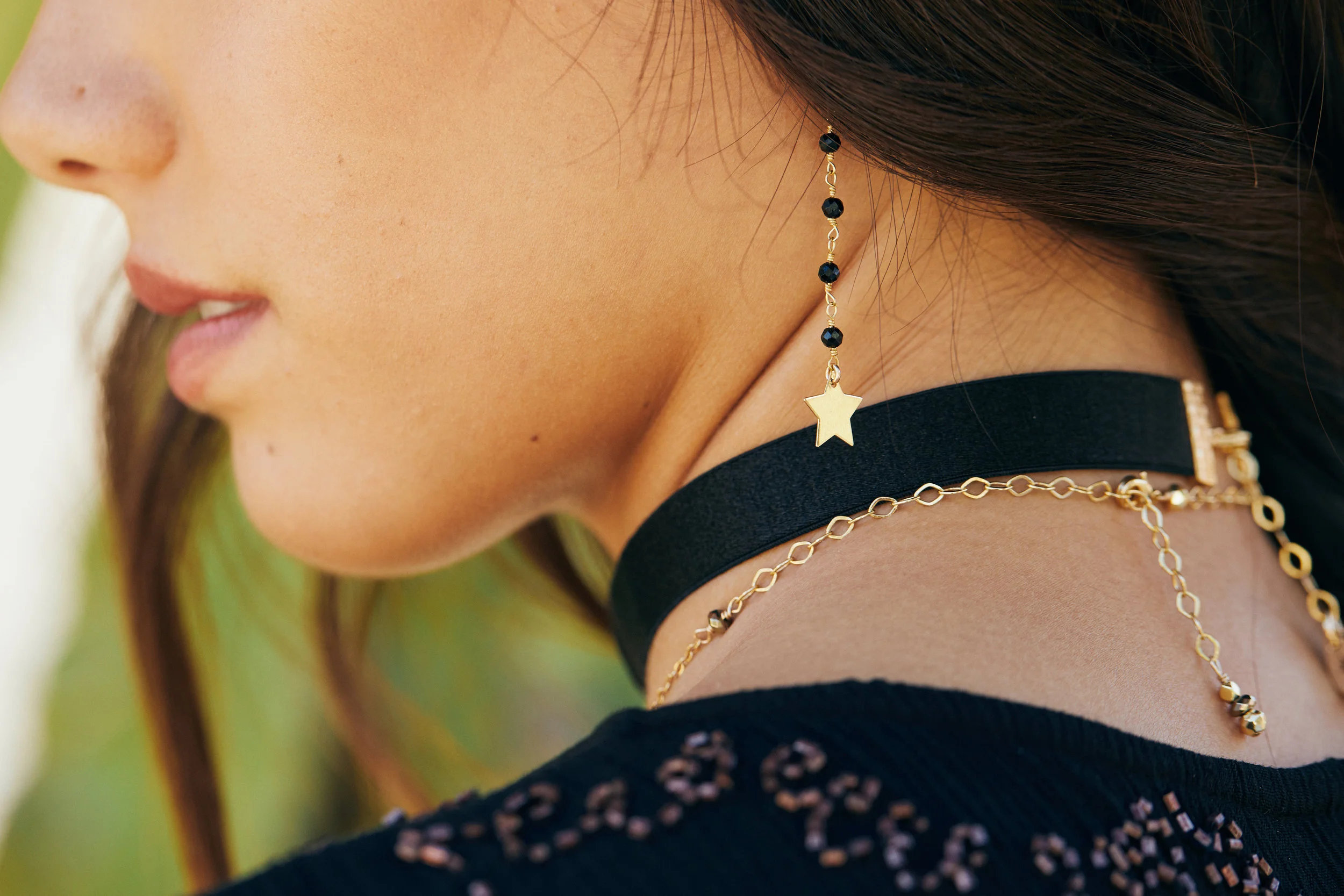 Black Spinel Earrings with 14k Gold Filled Star 
