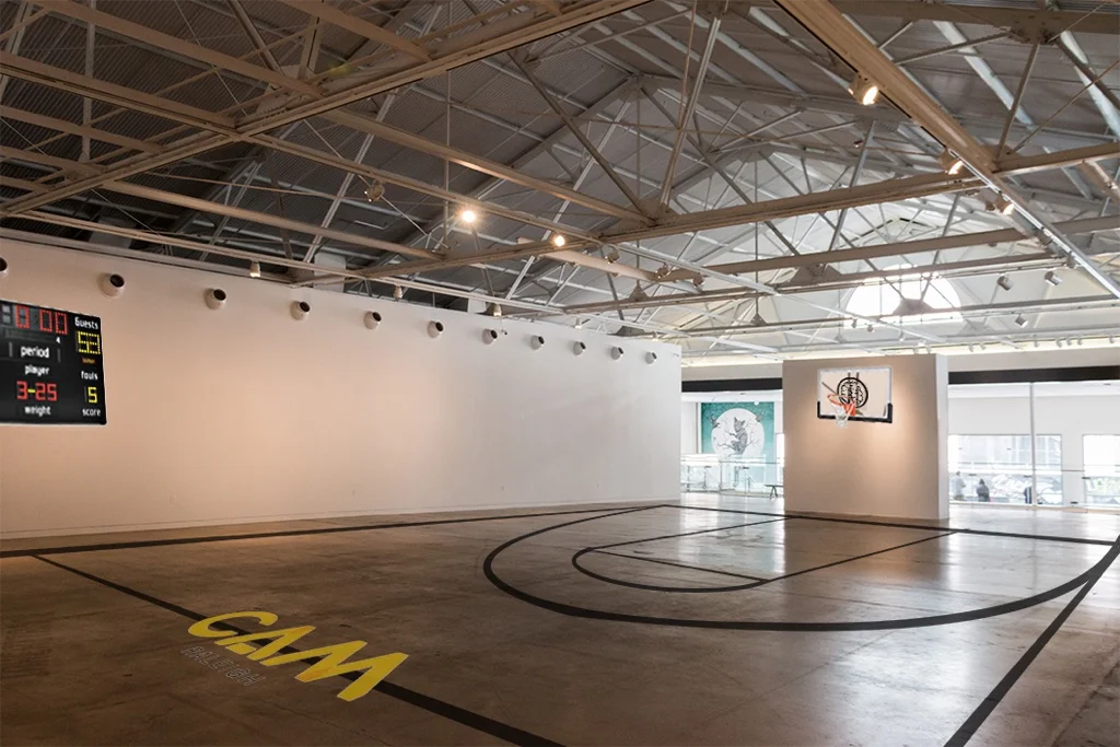 Mockup of CAM Main Gallery with basketball court installation (actual court will feature artwork by Filipe Pantone).