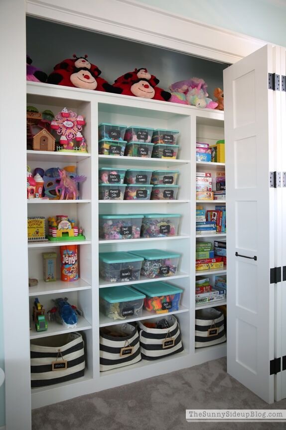 Labels, labels, labels! Although it’s a bit of upfront work, it’s worth the time and energy! Having labeled bins or storage units can not only make a closet look and feel organized, but it’s easier to find what you need a lot quicker! Via: House Beautiful