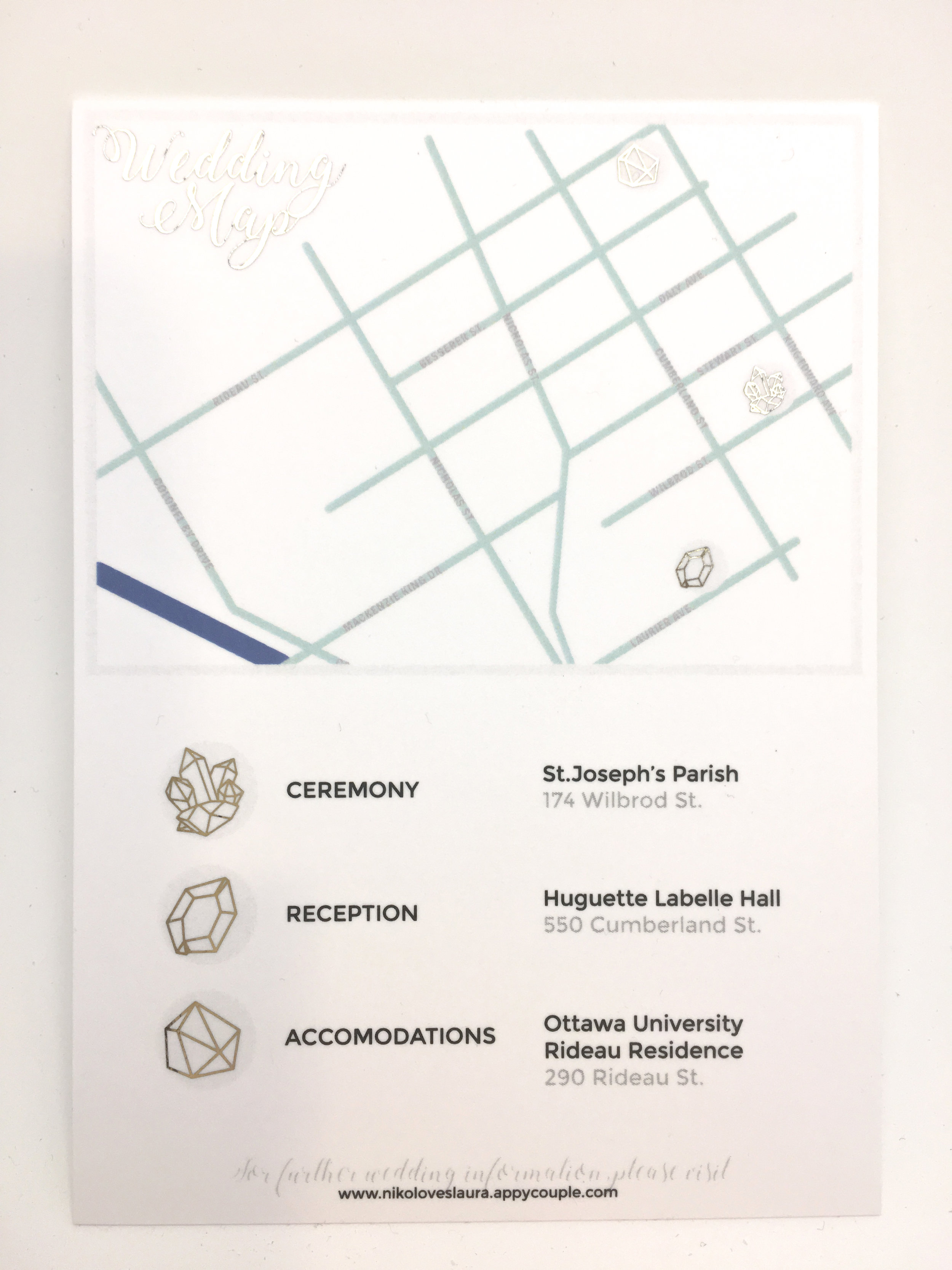 We wanted to bring in the geometric gemstone elements into the wedding map card as well. I designed map markers as little individual gemstones. Originally, the gold was the only accent I used, but the client insisted on having mint elements scattered throughout the invitation pieces so here, I chose to add it to the map. I thought that using the colour on words would affect readability.