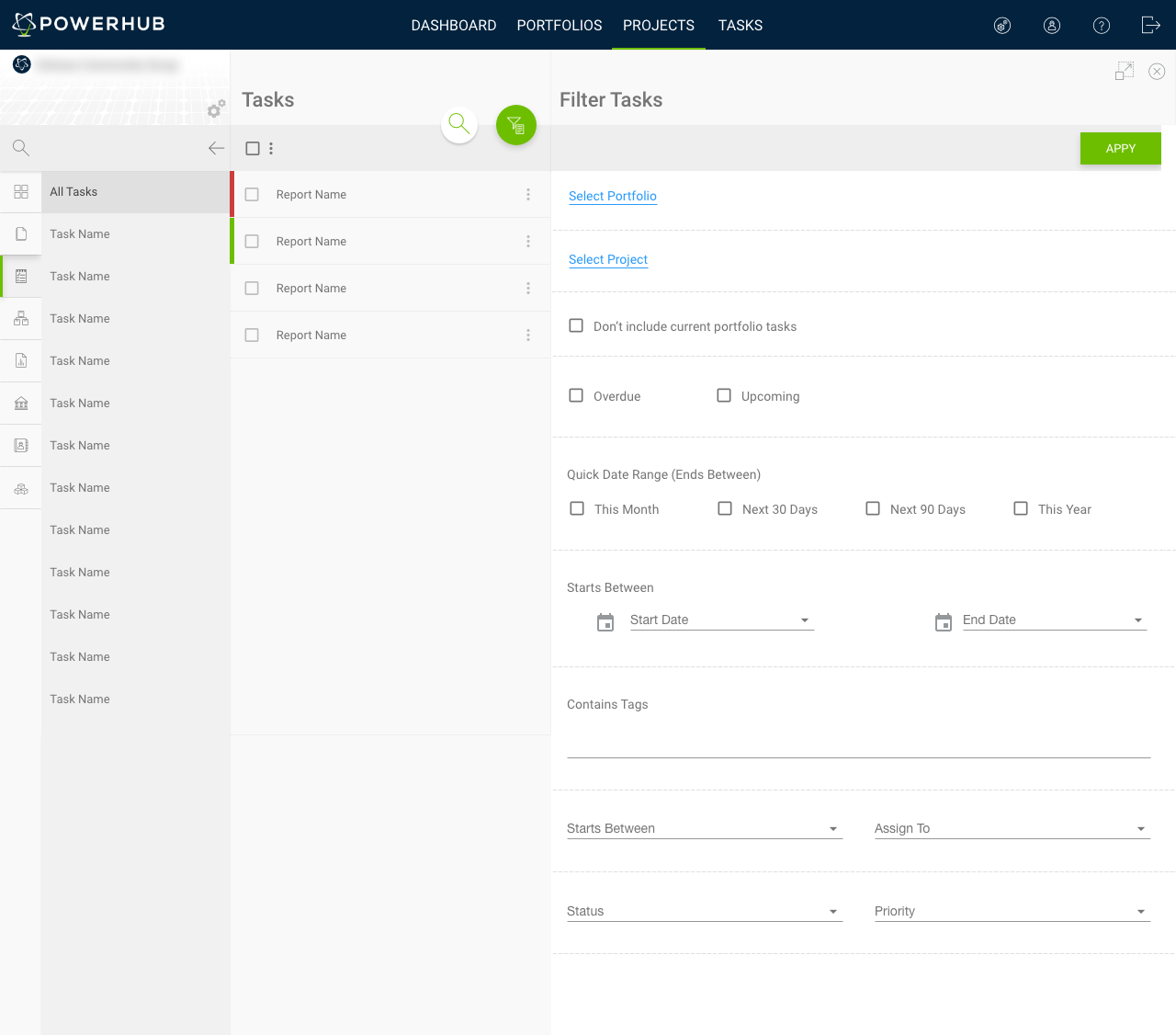 Filtering Tasks has 9 sections with links, checkboxes, date fields, and drop downs to account for all of the existing task details fields in the module.