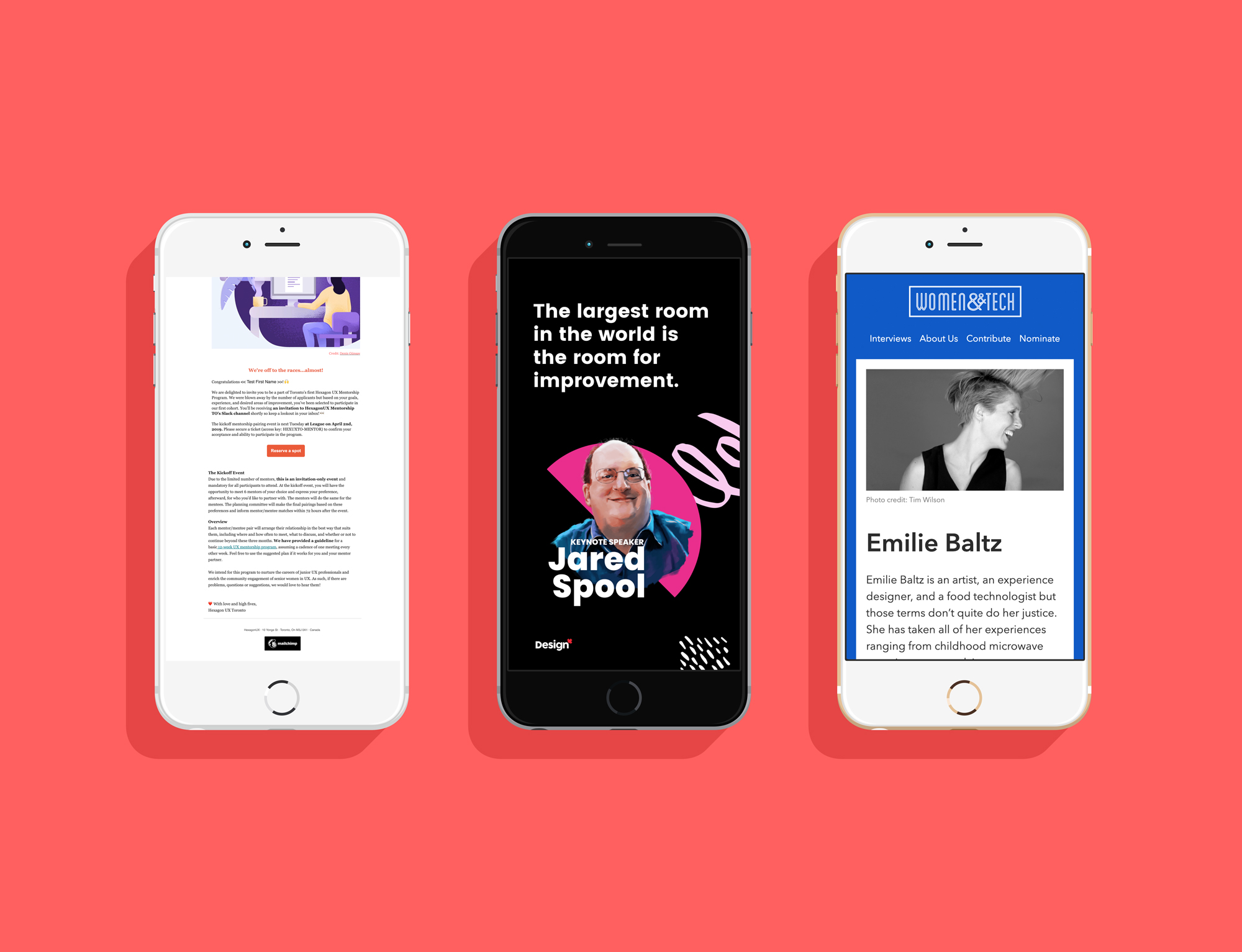 From left to right: email campaign content and design for HexagonUX Toronto’s mentorship cohort, Instagram story design for DesignX’s Design Leadership Summit, Emilie Baltz Interview for Women & Tech.