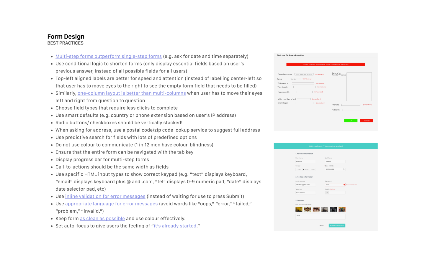 Initial research findings on best practices for online forms.