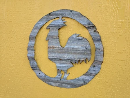 Chicken Coop. Homemade tin logo!