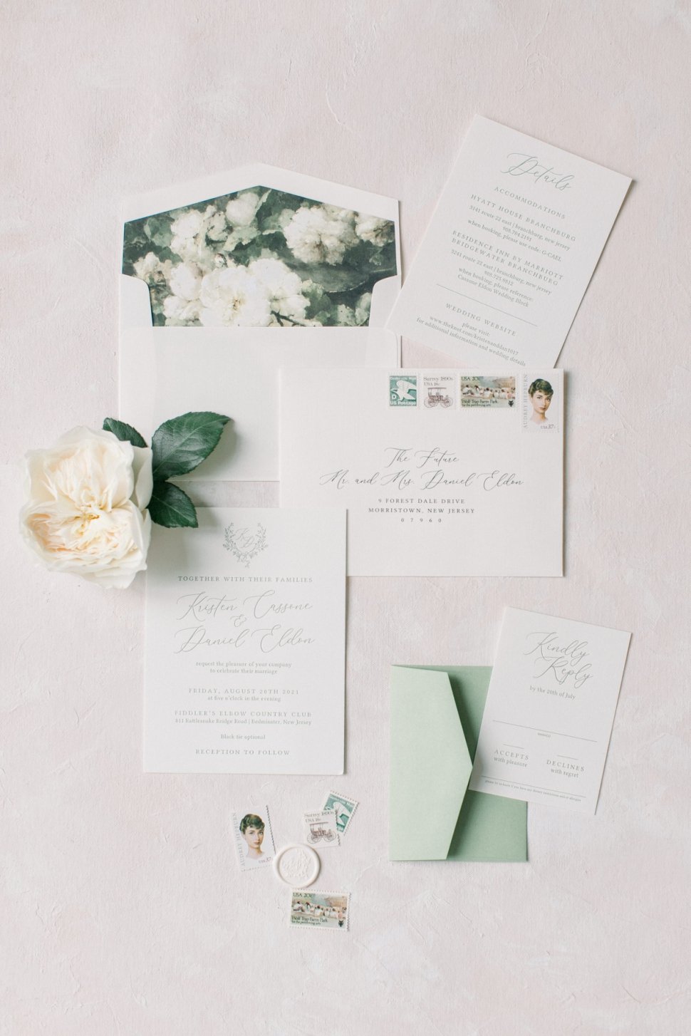 pastel floral green wedding invitation