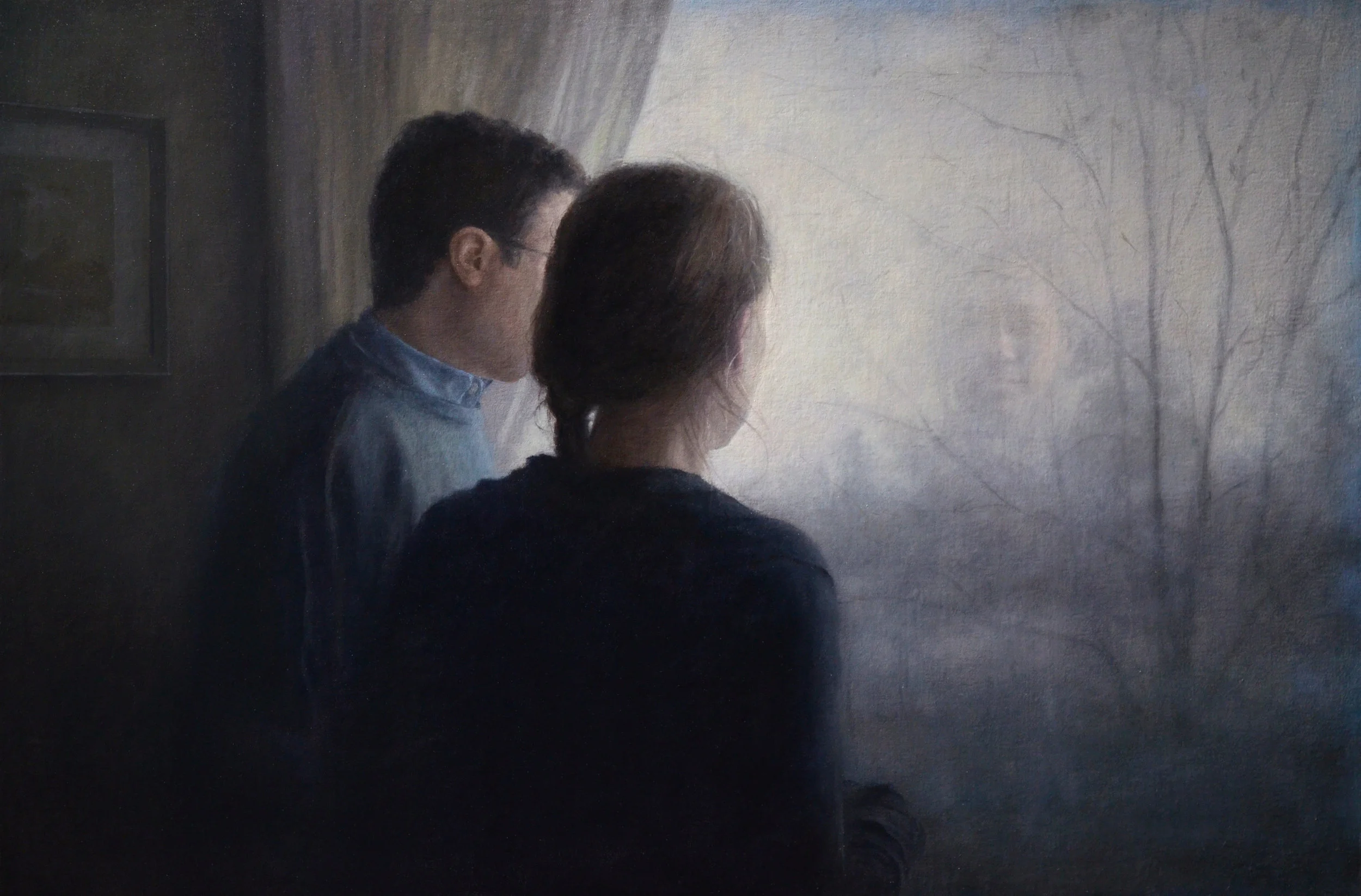 Interior with Two Figures, oil on linen mounted to board, 16" x 22"