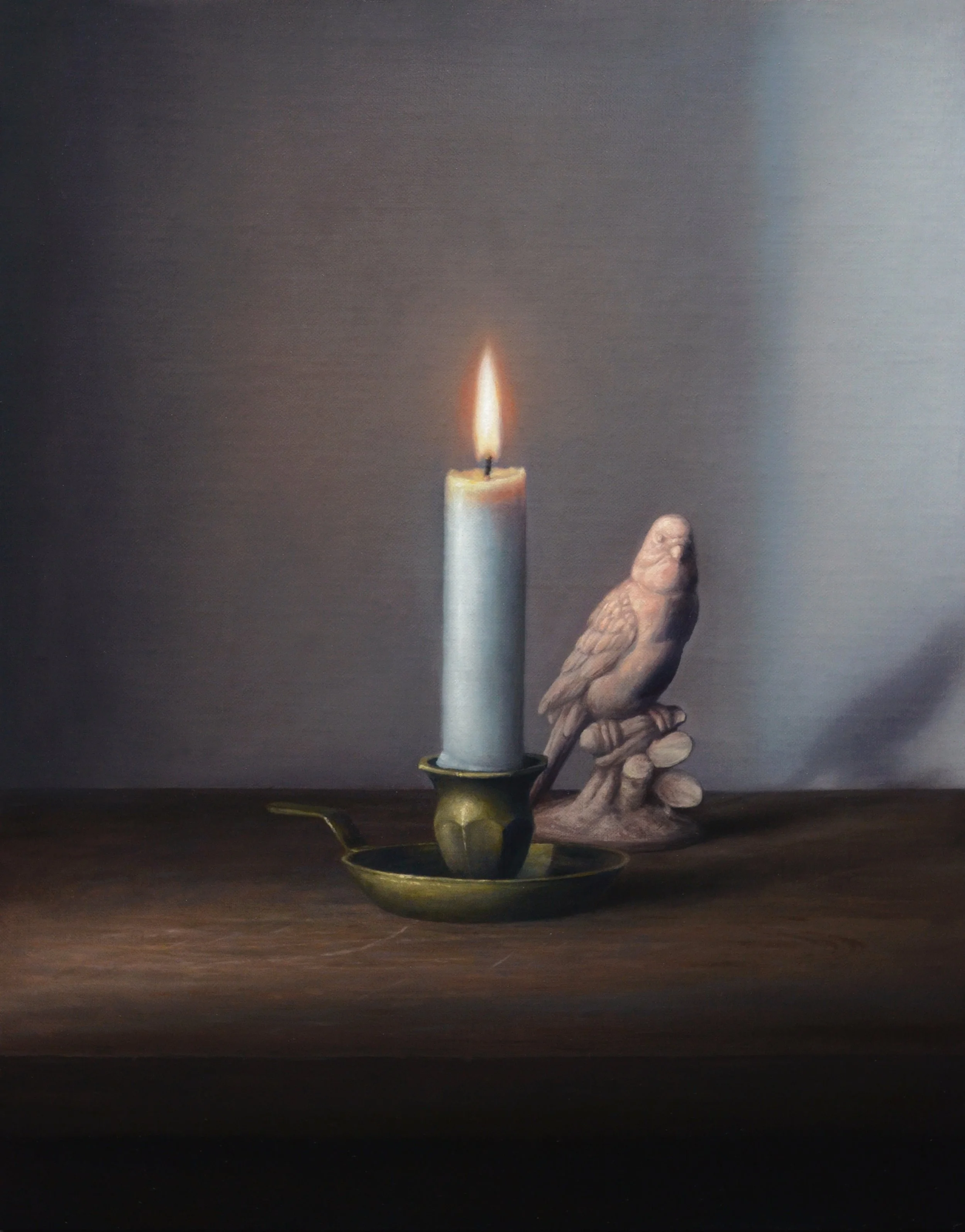 Candle and Bird, oil on linen mounted to panel, 14" x 11"