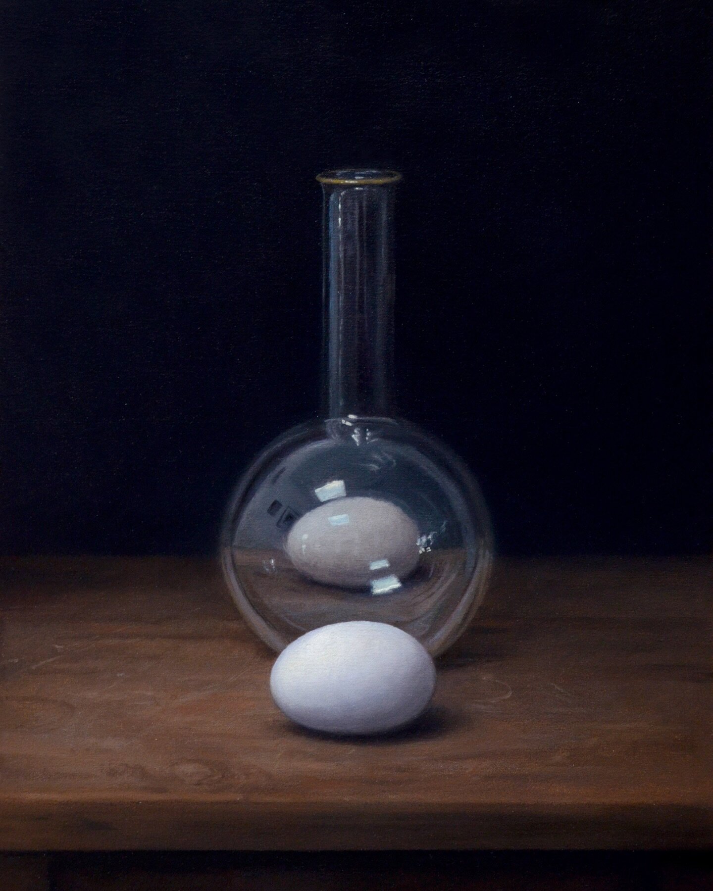 Eggs and Flask, oil on linen mounted to panel, 14&rdquo; x 11&rdquo;

This still life started as an indirect painting demonstration for my students.  It&rsquo;s one of numerous demos I&rsquo;ve made over the years, some have reached resolution, while