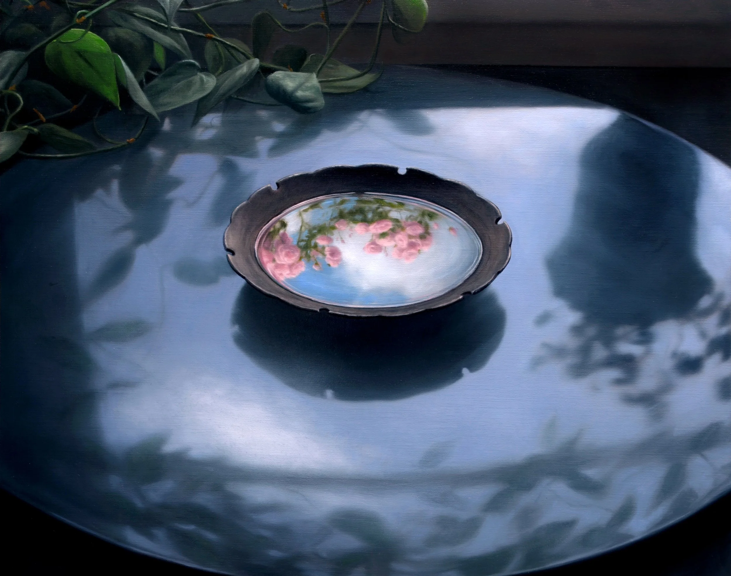 Bowl of Water on Black Table, oil on linen mounted to pane, 16" x 20"
