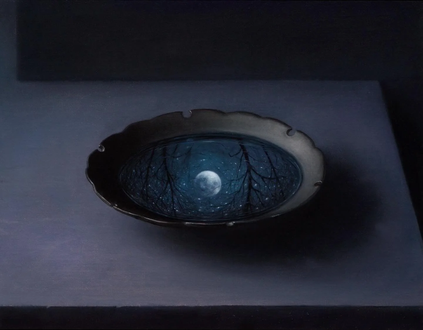 Bowl of Water with Night Sky, oil on linen mounted to panel, 11&rdquo; x 14&rdquo;
.
This painting will soon be on its way to @winfieldgallery.  The first in a series of new still lives.
.
.
.
#davidstanger #davidstangerstudio #winfieldgallery #night