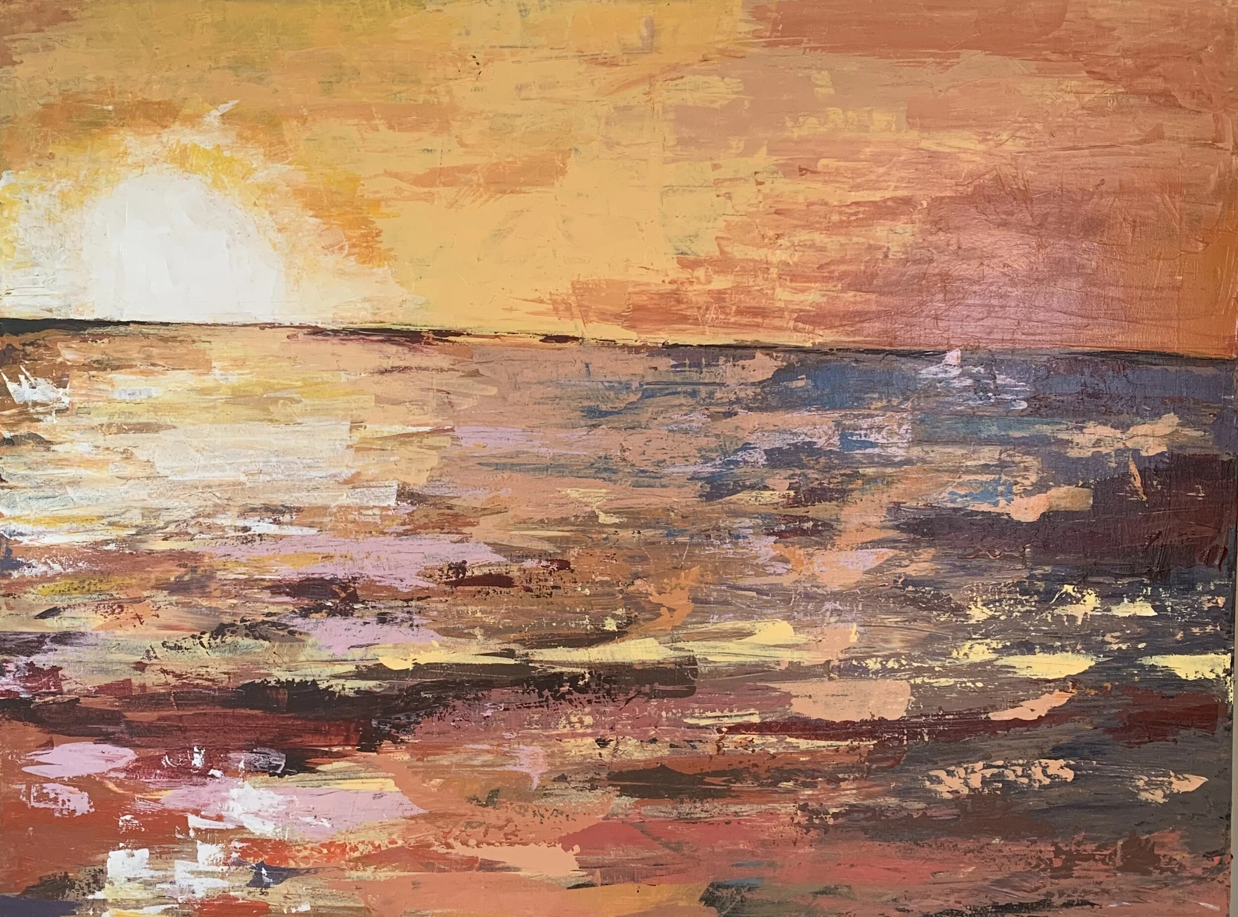 "sunset on lake champlain" 24x36 acrylic on canvas 2020