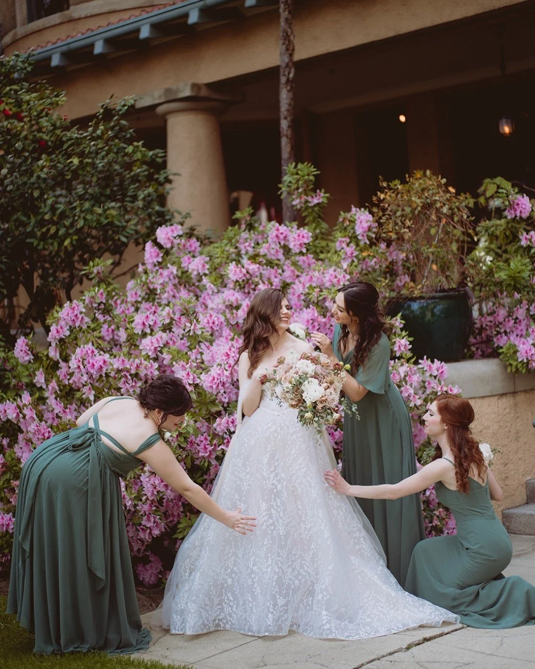 Speaking of a fairytale and a Taylor Swift music video, my bride S here looks like she belongs in a fairytale movie. The azaleas were in full bloom and the perfect backdrop for her and her beautiful bridesmaids. 

@thecastlegreen @littlelilyskitchen 