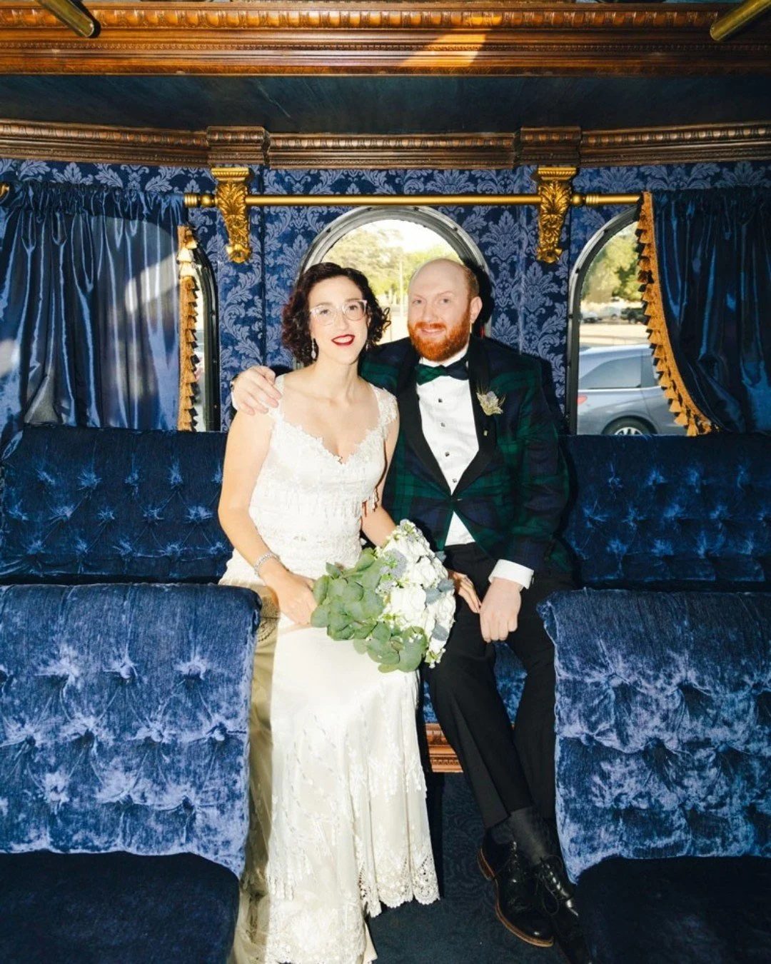 Wedding transportation doesn't have to be boring! Check out the sweet ride that K+C had on their special day. A fun trolley decked out with quilted velvet seats and satin window curtains. So fun! 

@afabsoiree @emilylynnandcompany  @emileebrownphoto 