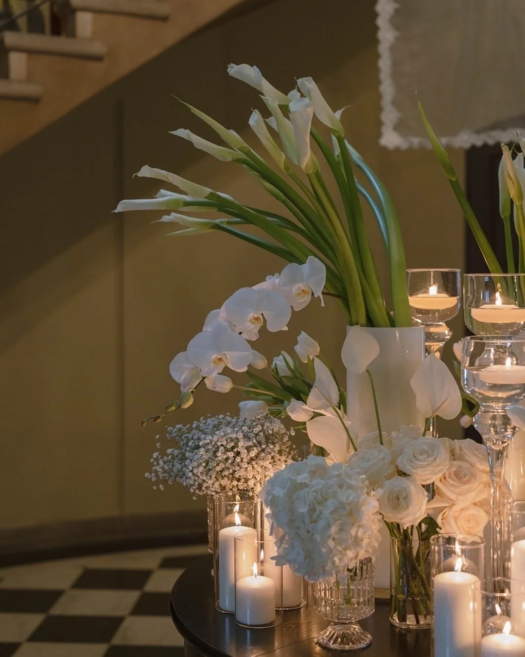 Guests were greeted with this beautiful arrangement of florals and candles upon entering the Villa indoor space for A+J&rsquo;s cocktail hour and reception. I love when our couples get creative within the space, but also love when they think about th