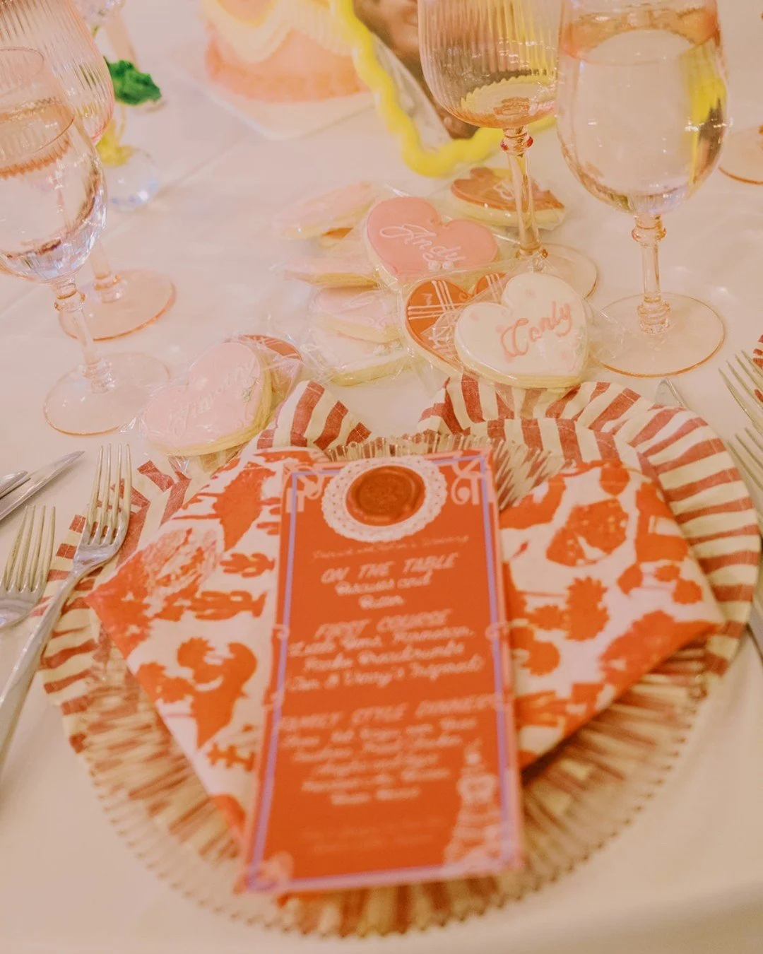 When planning their Valentine's Day wedding, T+P left no stone unturned when it came to the details they wanted to feature. Every piece was carefully thought out, designed and brought to life with the utmost care. Place settings featured a beaded cha