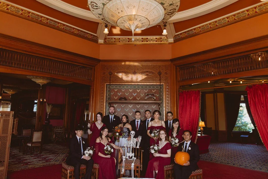 The day before Halloween seems like a good time to share this spoooky pic of one of our favorite Halloween / Dia de los Muertos weddings. Y+A took full advantage of Castle Green's interior and exterior and how halloween-friendly it is. Hence the skel