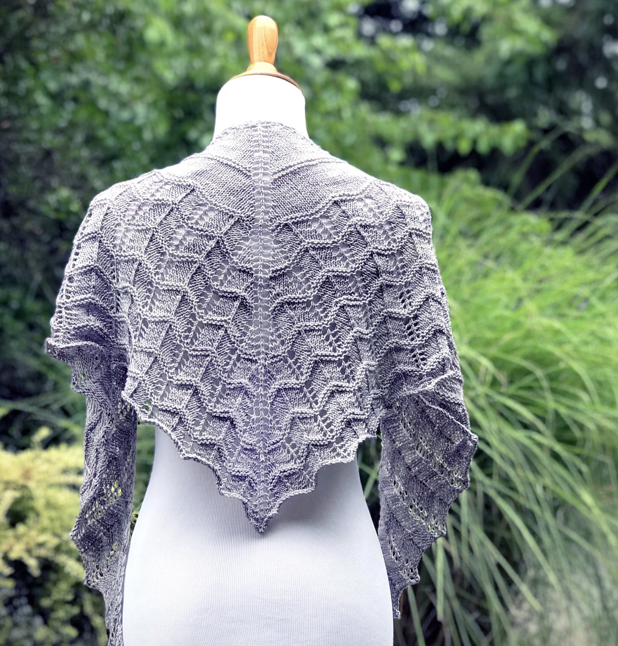 Back view of Forbidden Cliffs Simple Lace Knit Shawl Pattern