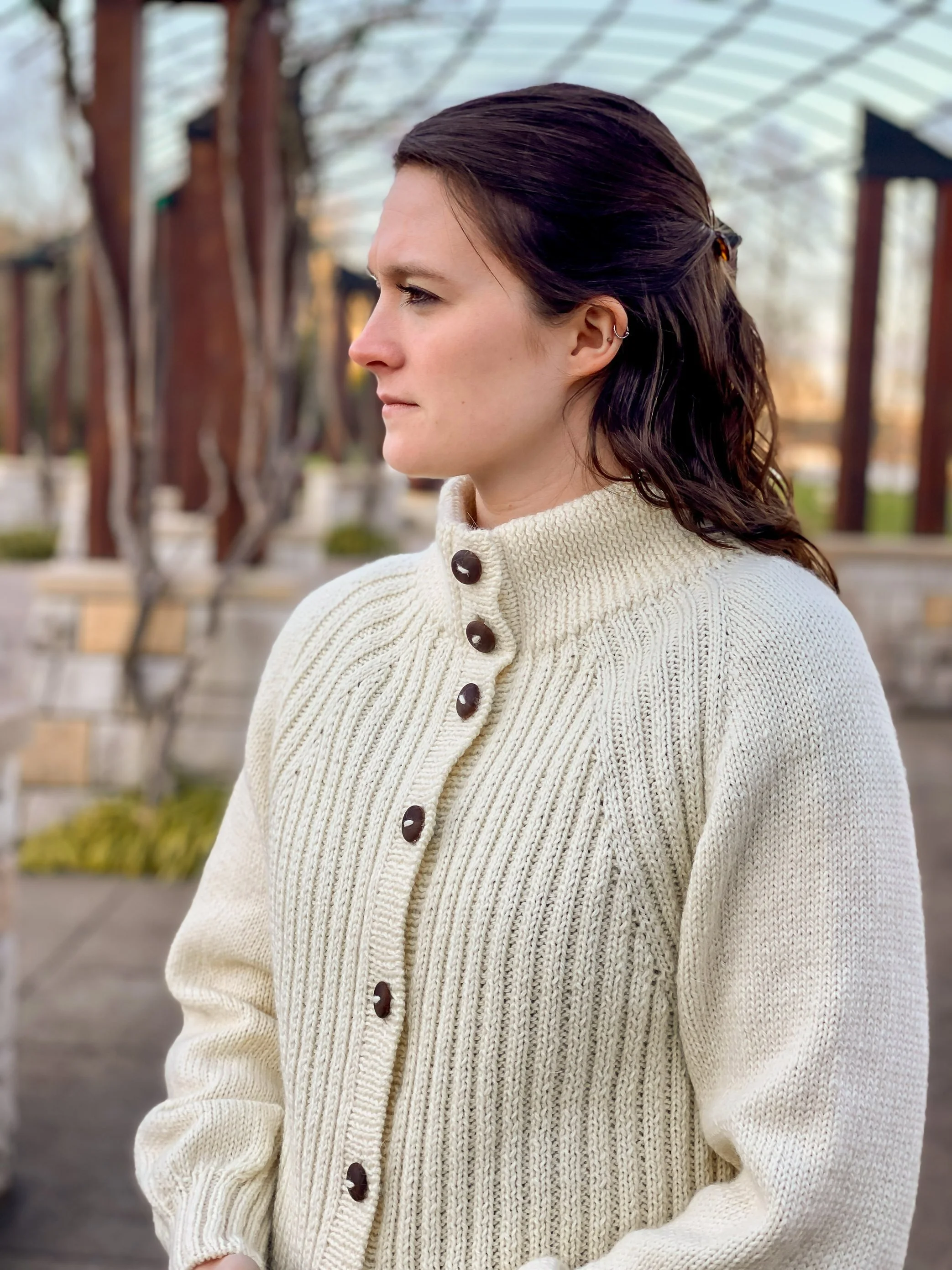 Santiam Canyon Jacket Knit Sweater with model wearing it with collar buttoned