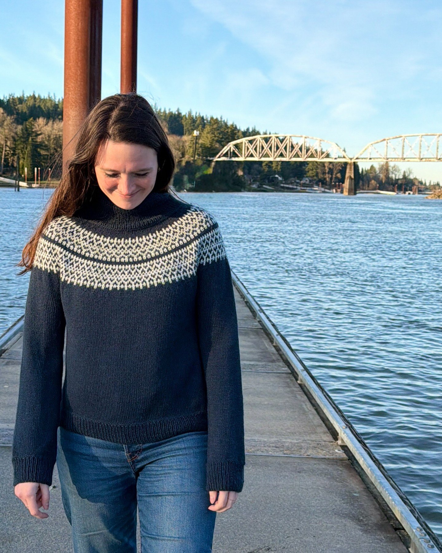 Which is your favorite sample of my new Crystal Lake Sweater pattern? What yarn and color would you choose?
. 
We didn&rsquo;t make it up to Crystal Lake for photos but we did go down to the Willamette River and it was cold enough there!
.
See below 