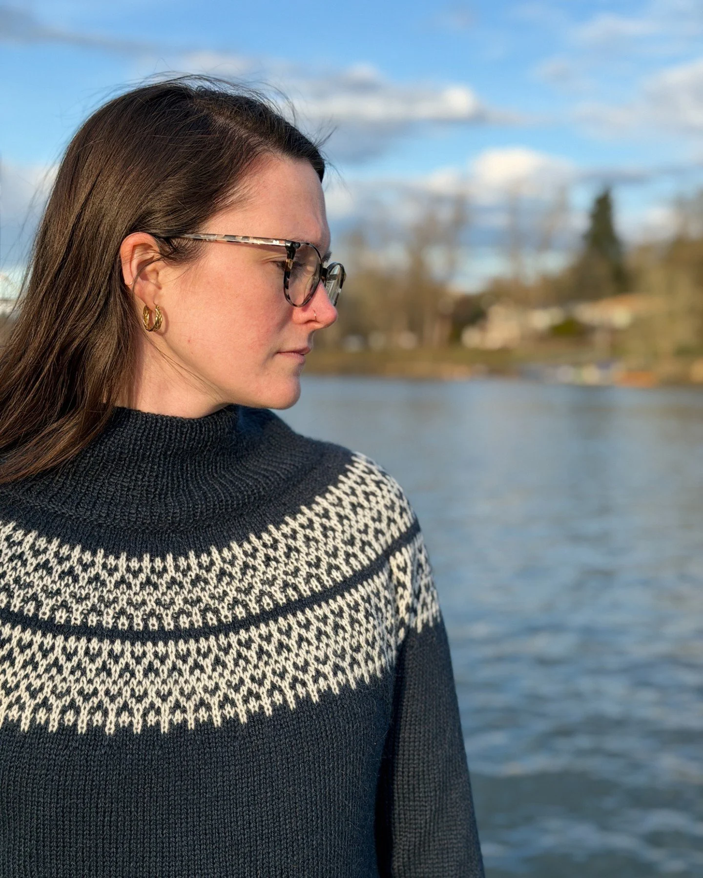 You wouldn&rsquo;t believe how easy the colorwork is on Crystal Lake Sweater. Only 1 color per round and a simple 4 st repeat! Would you make a funnel neck as shown or a double-crew or a turtleneck?
.
Use code CrystalLake at checkout on either Ravelr