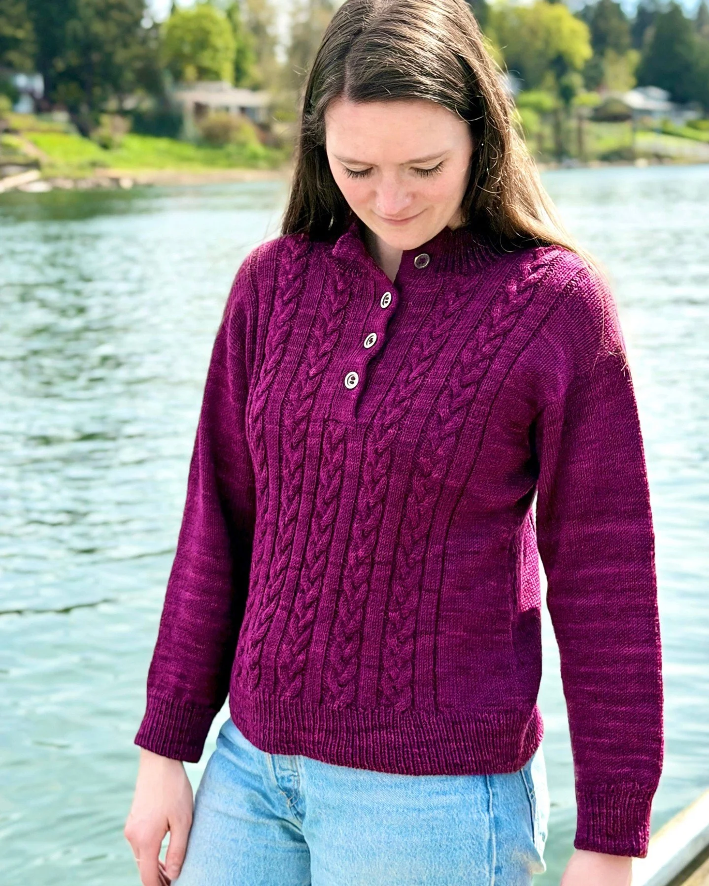 Which is your favorite sample of my new Multnomah Falls Henley pattern? What yarn and color would you choose?  It looks great in a heavy fingering for a flowy top or in sport for a slightly heavier sweater. Even a DK weight that meets gauge would wor