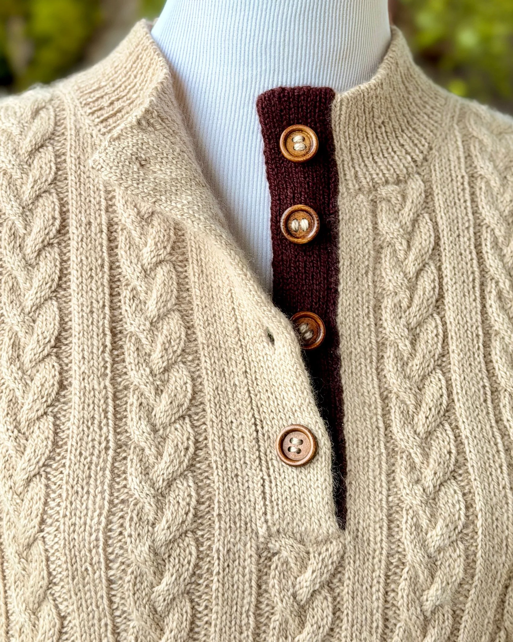 Close up of multnomah-falls-henley-sweater-knitting-pattern-pullover - knit for the soul