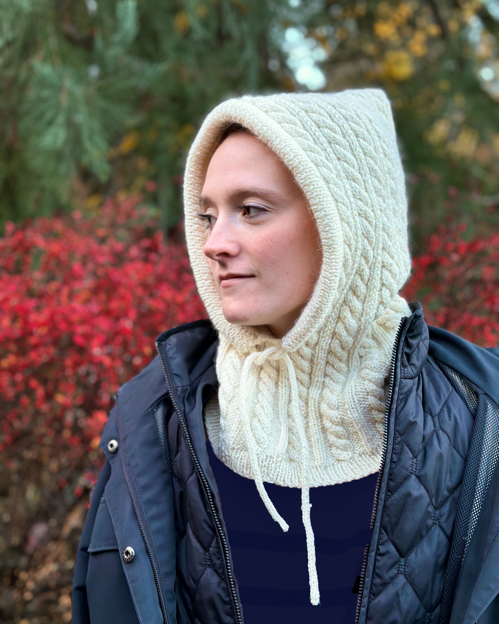 Tryon Creek, an easy cabled hoodie/cowl (balaclava) knitting pattern, that can be worn as a cowl and put the hood up when the weather calls for it!